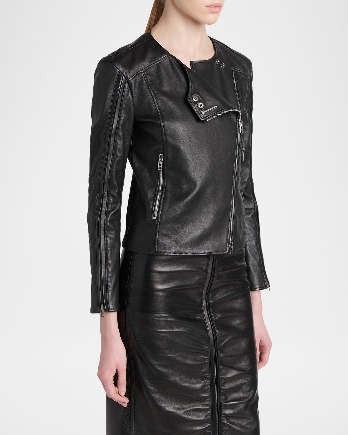 Collarless Leather Moto Jacket - thumbnail 4