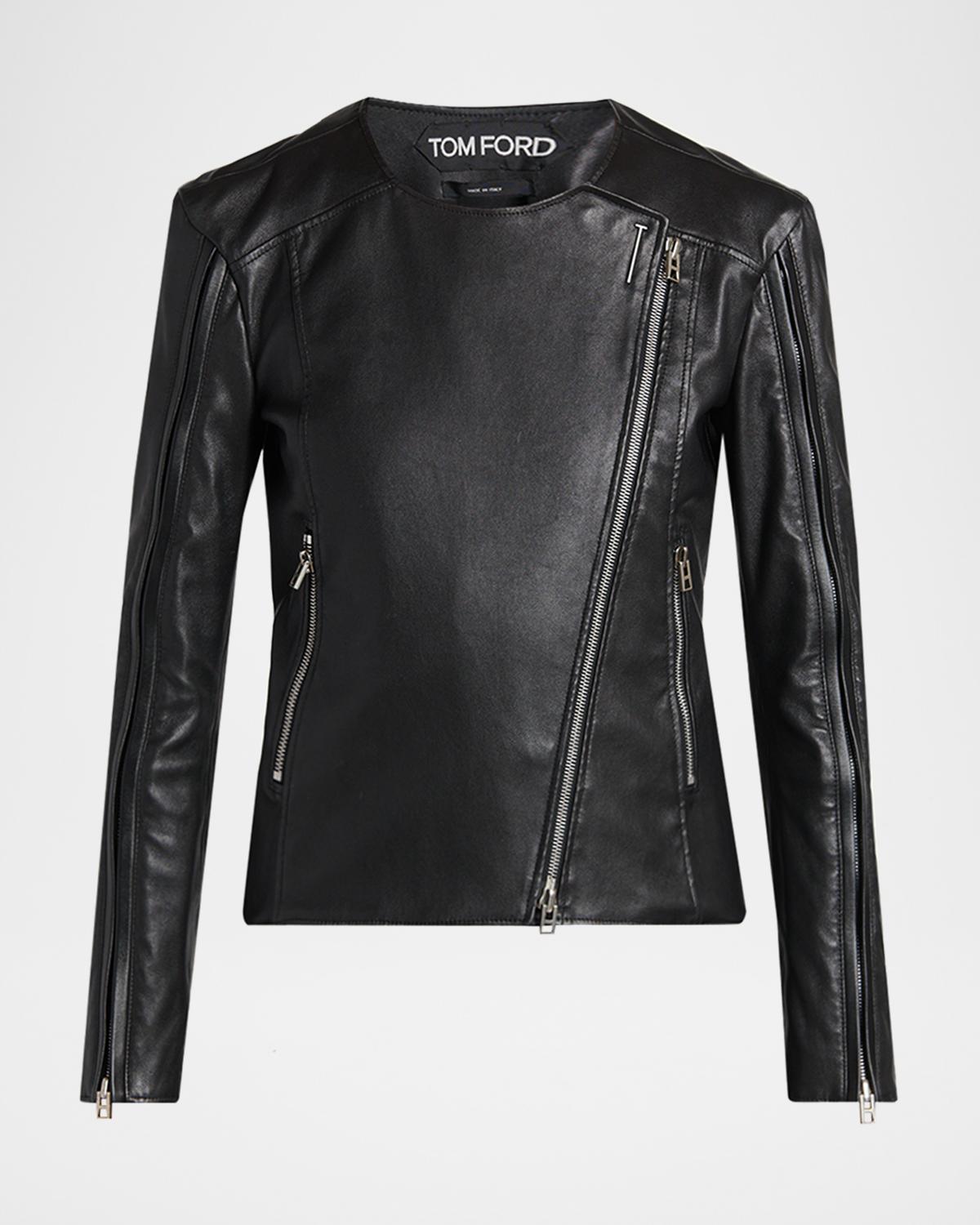 Collarless Leather Moto Jacket