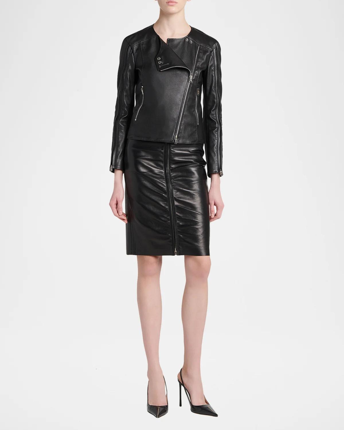 Ruched Leather Zip-Front Skirt - thumbnail 2