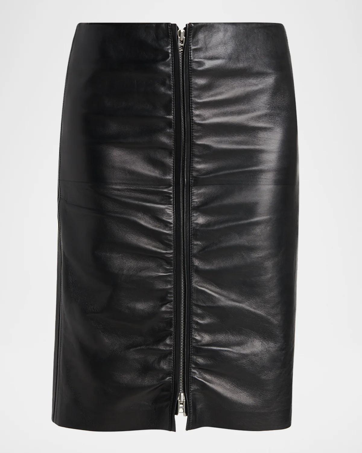 Ruched Leather Zip-Front Skirt