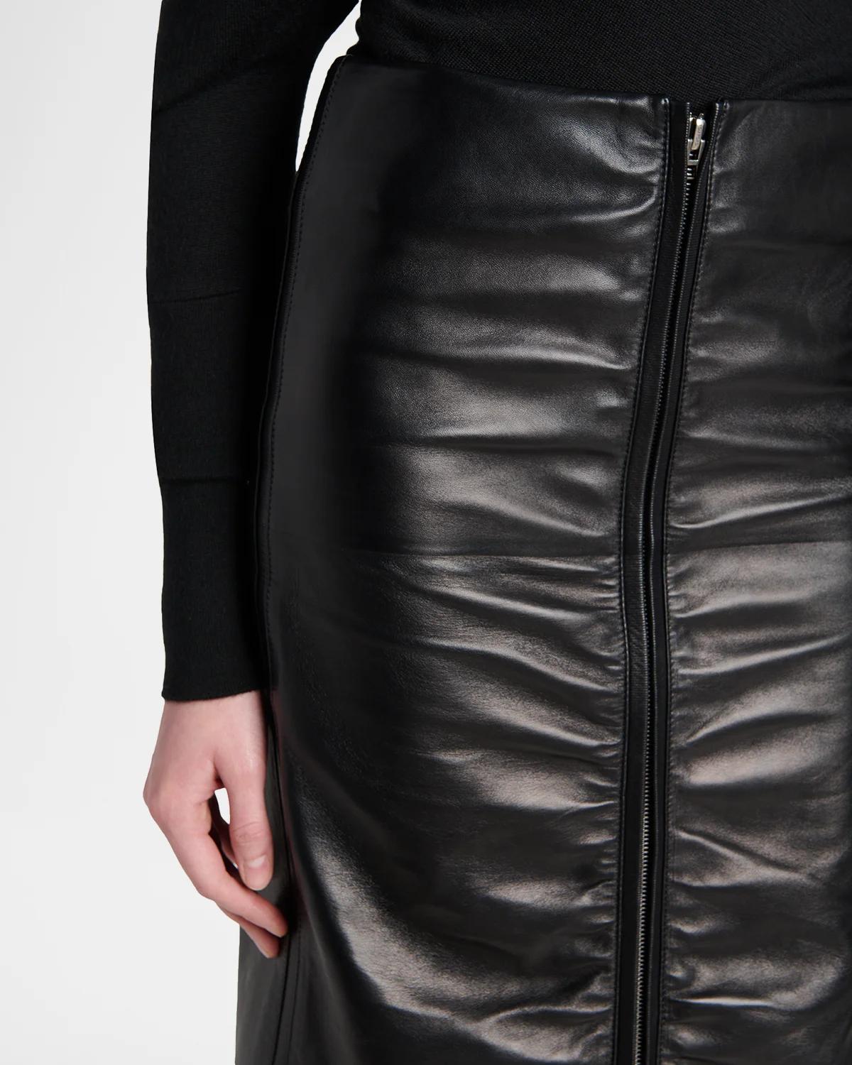 Ruched Leather Zip-Front Skirt - thumbnail 5