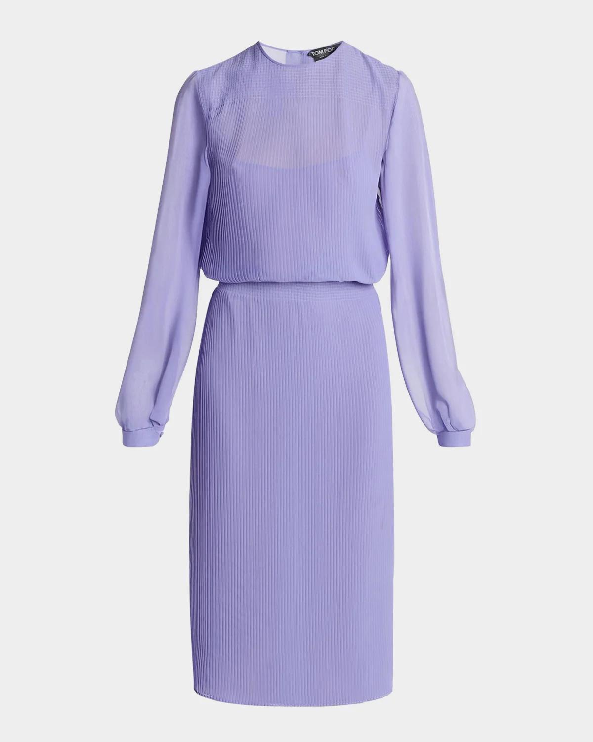 Pervinca Plisse Chiffon Long-Sleeve Midi Dress