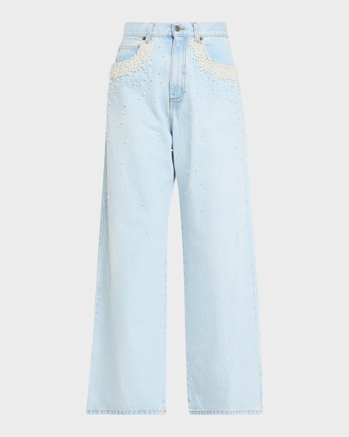 Act II: The Fall of Icarus Imitation Pearl-Embellished Wide-Leg Jeans