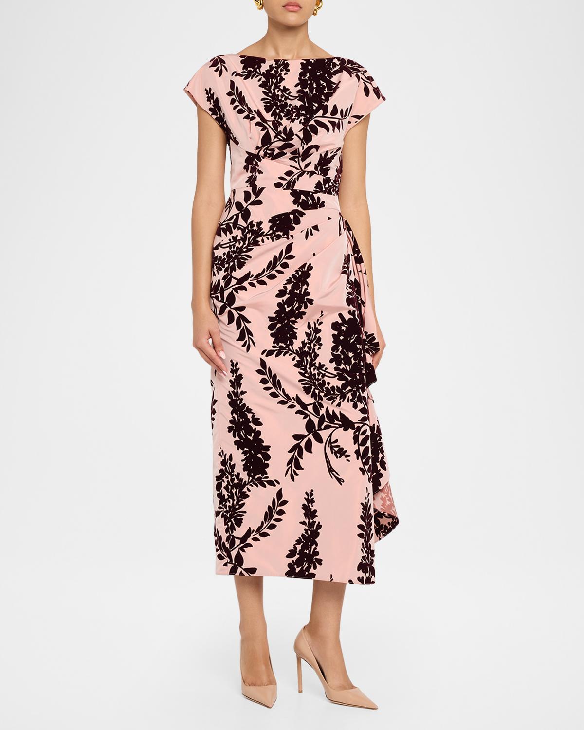 Flocked Taffeta Pleated Drape Midi Dress - thumbnail 2