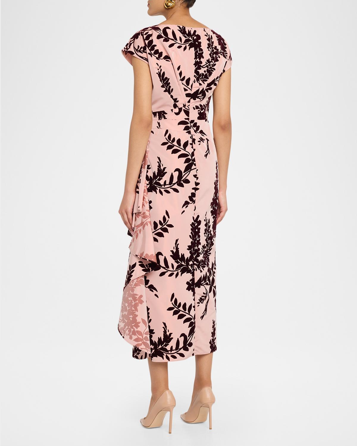 Flocked Taffeta Pleated Drape Midi Dress - thumbnail 3
