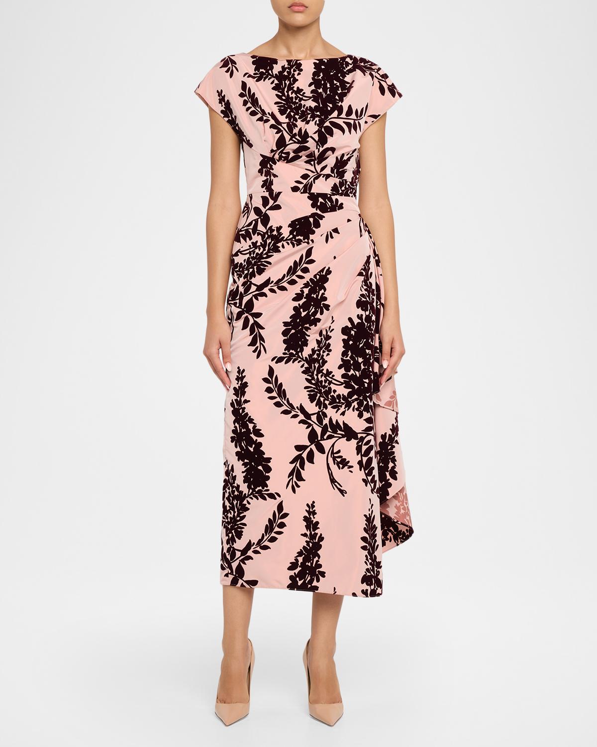 Flocked Taffeta Pleated Drape Midi Dress - thumbnail 4