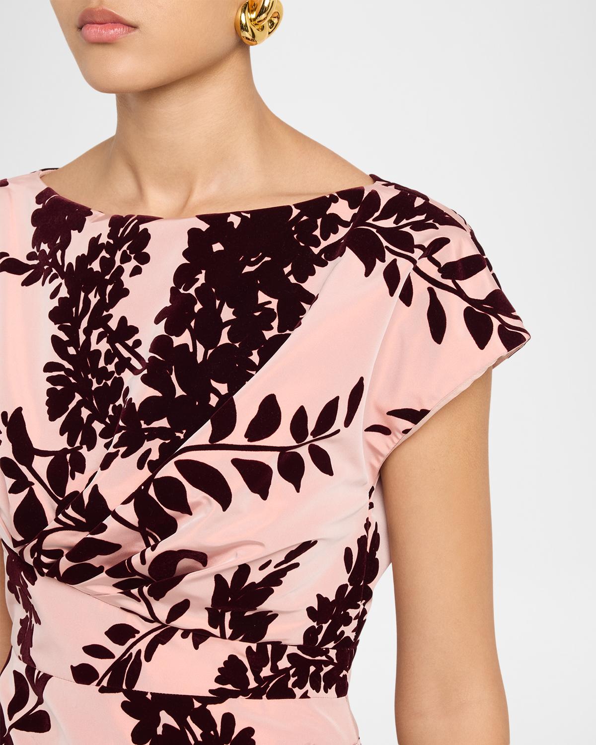 Flocked Taffeta Pleated Drape Midi Dress - thumbnail 5