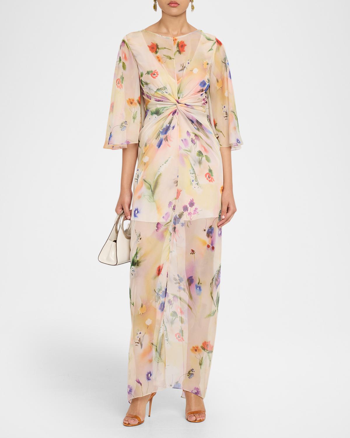 Flutter Sleeve Floral Silk Gathered Dress - thumbnail 2