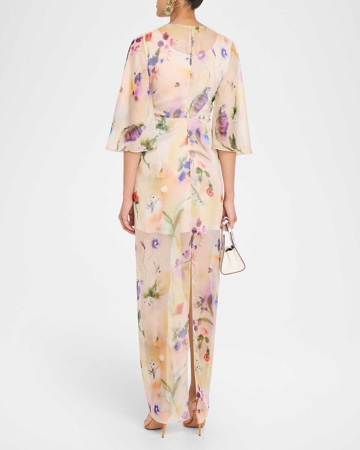 Flutter Sleeve Floral Silk Gathered Dress - thumbnail 3