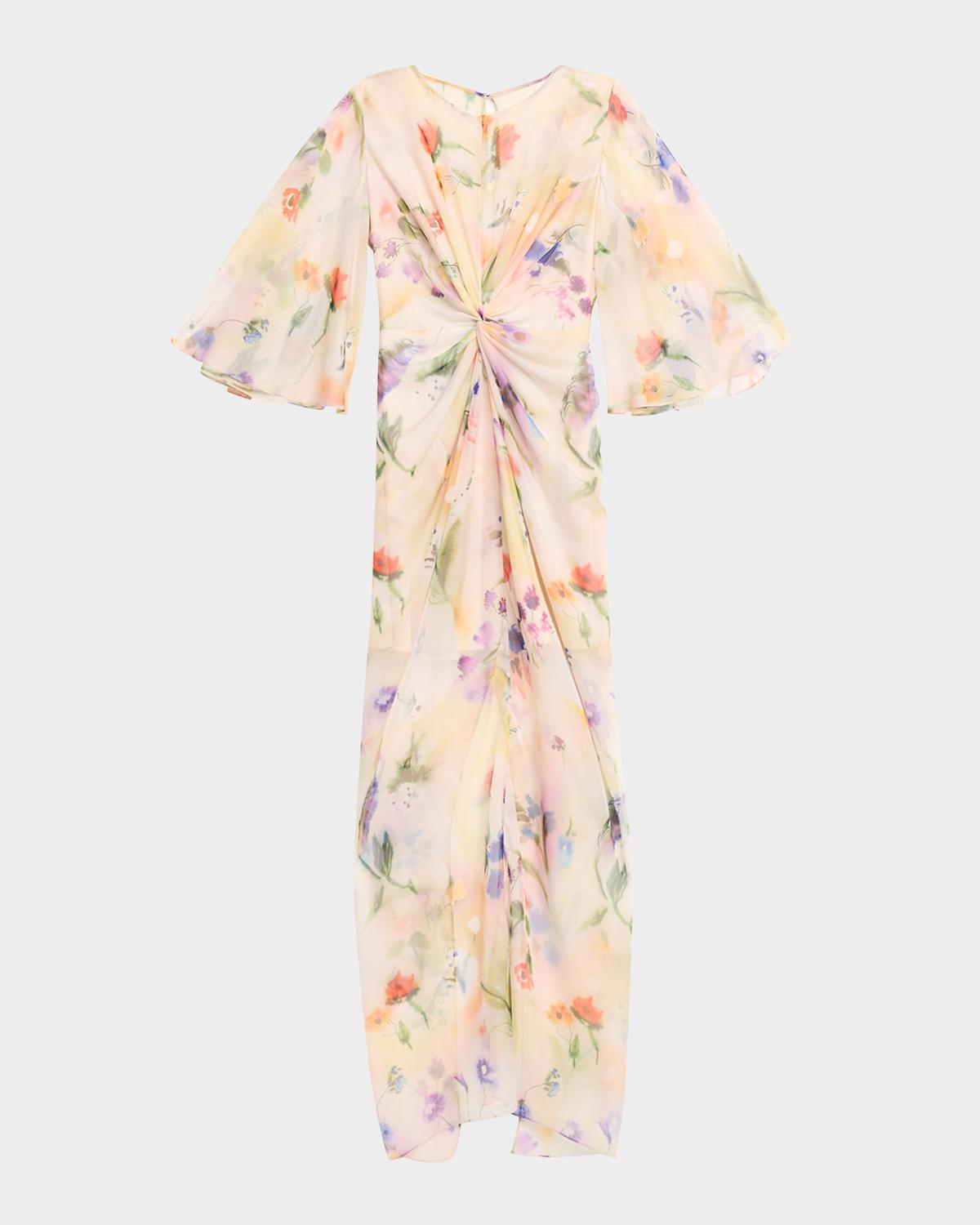 Flutter Sleeve Floral Silk Gathered Dress