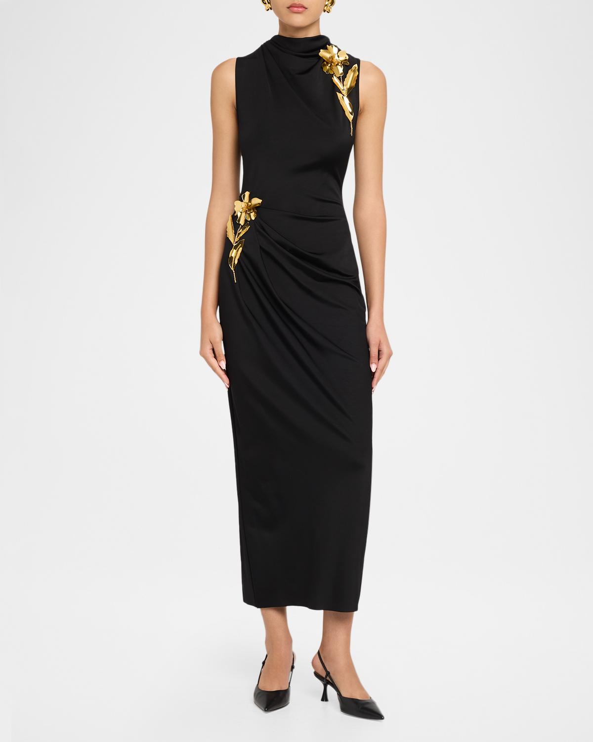 3D Metallic Flower Draped Jersey Midi Dress - thumbnail 2