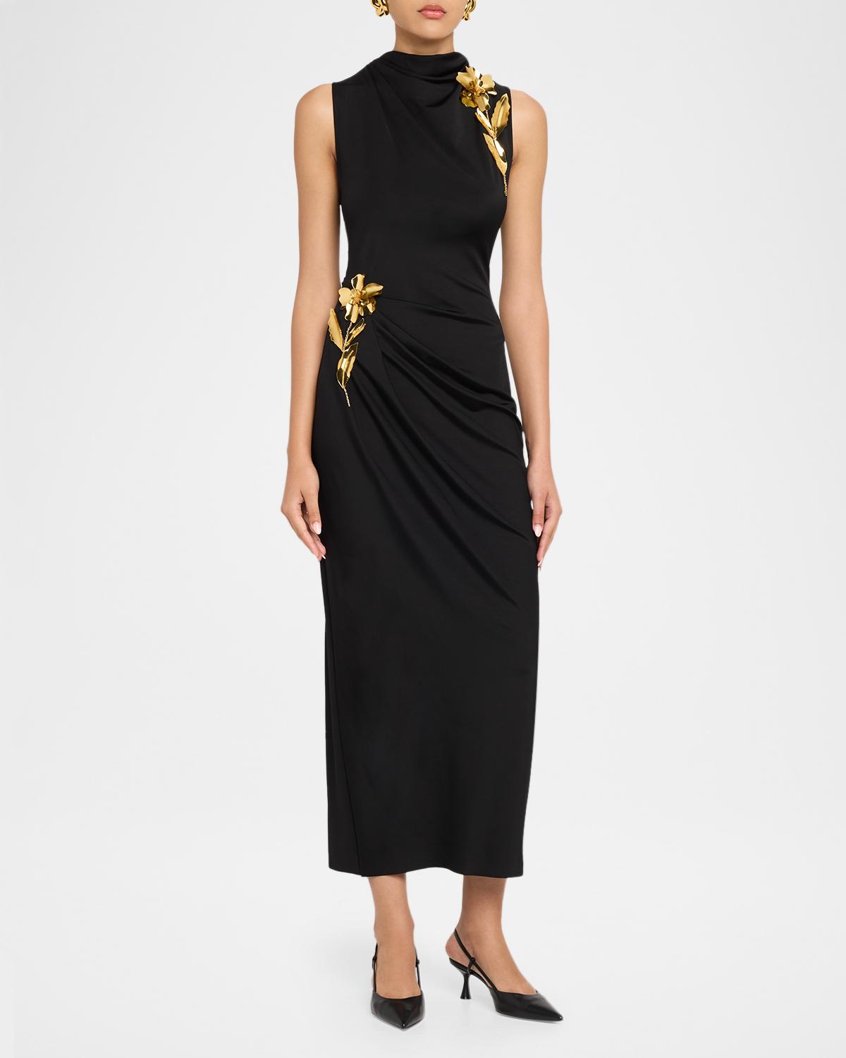 3D Metallic Flower Draped Jersey Midi Dress - thumbnail 4