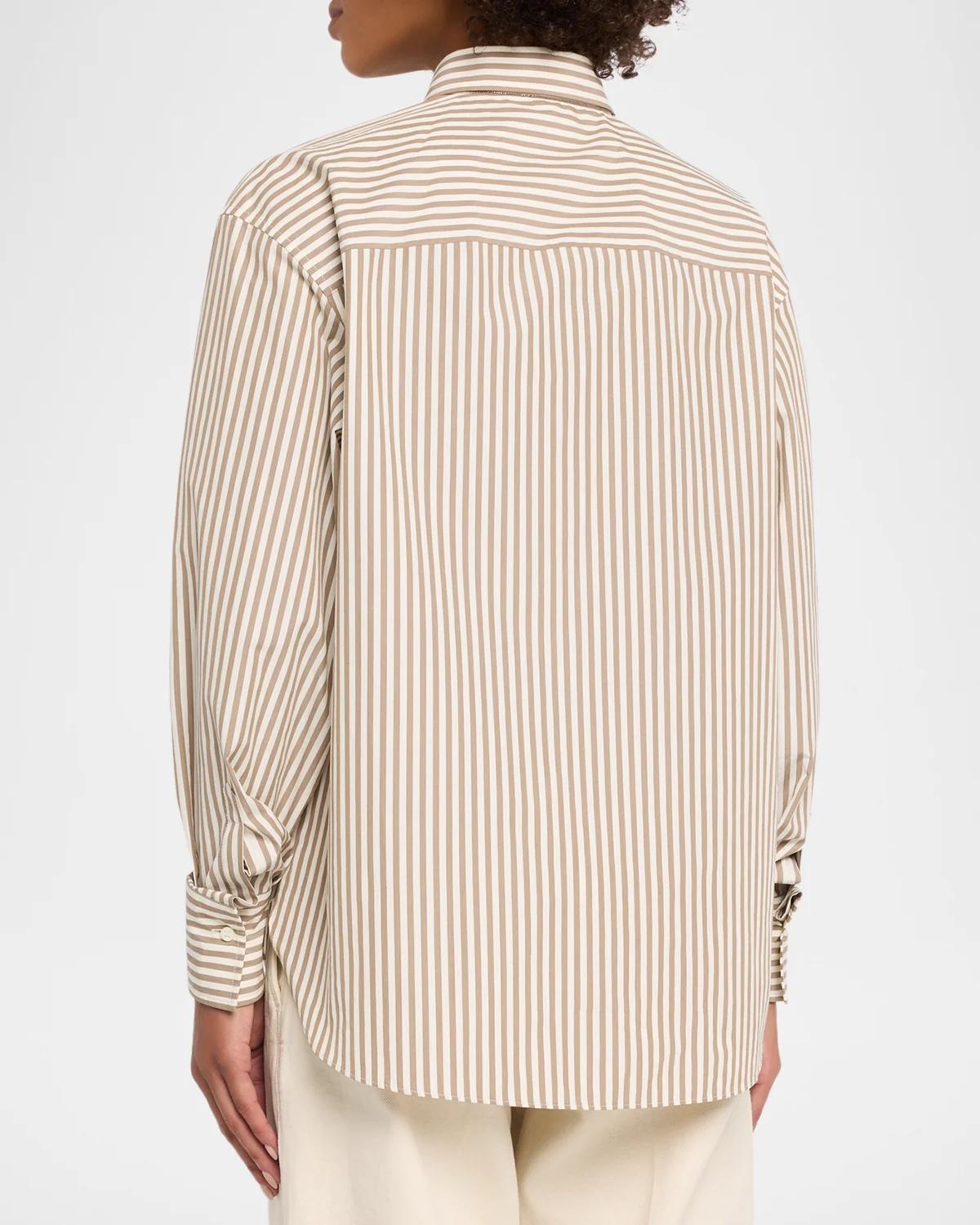 Striped Cotton Button-Down Shirt With Monili Trim - thumbnail 3