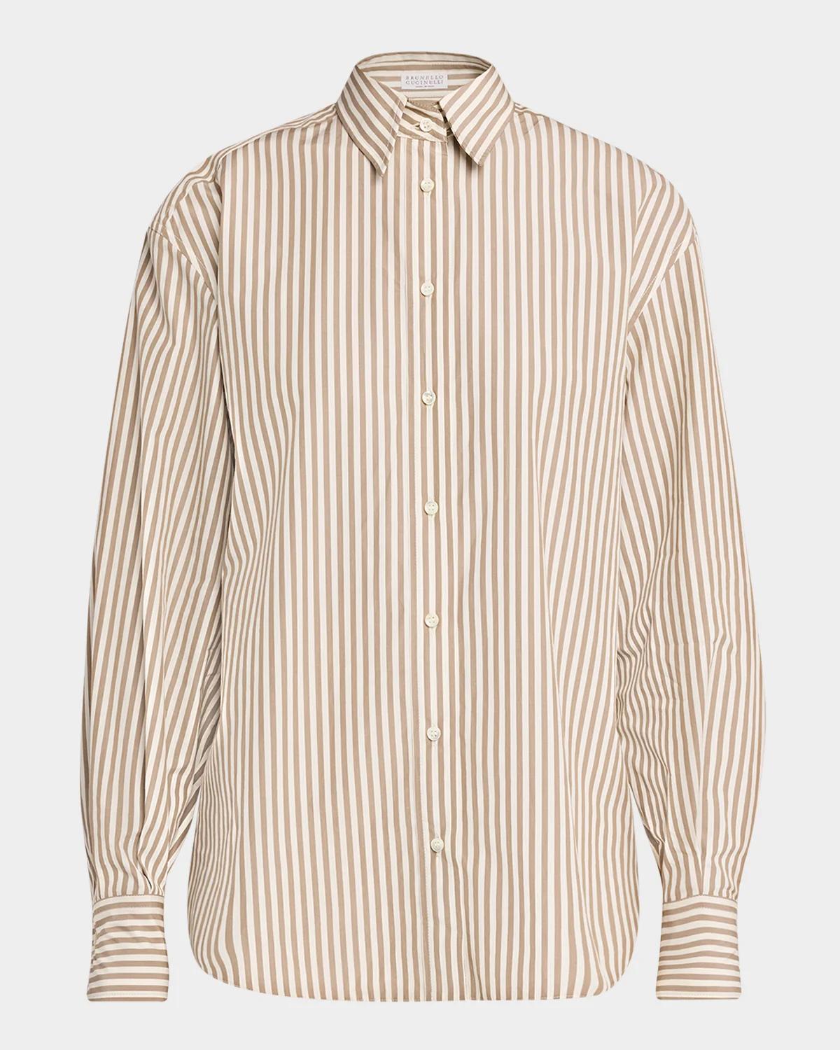Striped Cotton Button-Down Shirt With Monili Trim