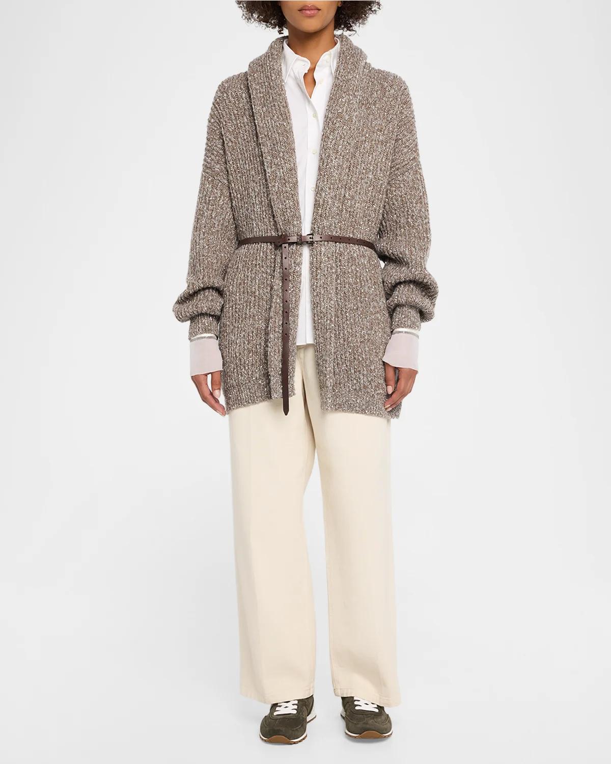 Micro Paillette Wool Knit Shawl-Collar Cardigan - thumbnail 2