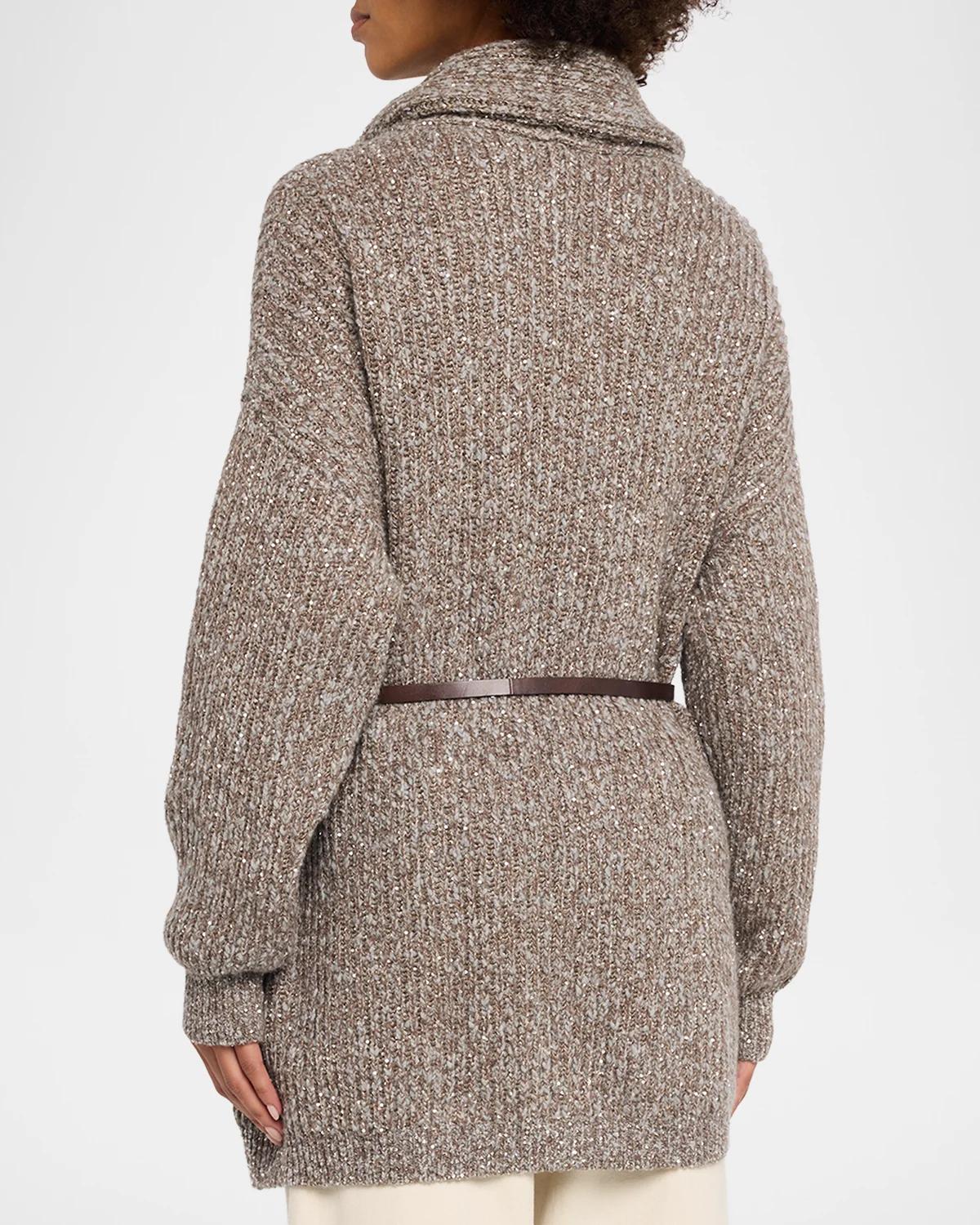 Micro Paillette Wool Knit Shawl-Collar Cardigan - thumbnail 3