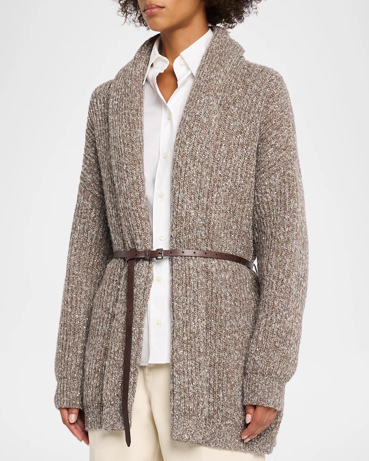 Micro Paillette Wool Knit Shawl-Collar Cardigan - thumbnail 4