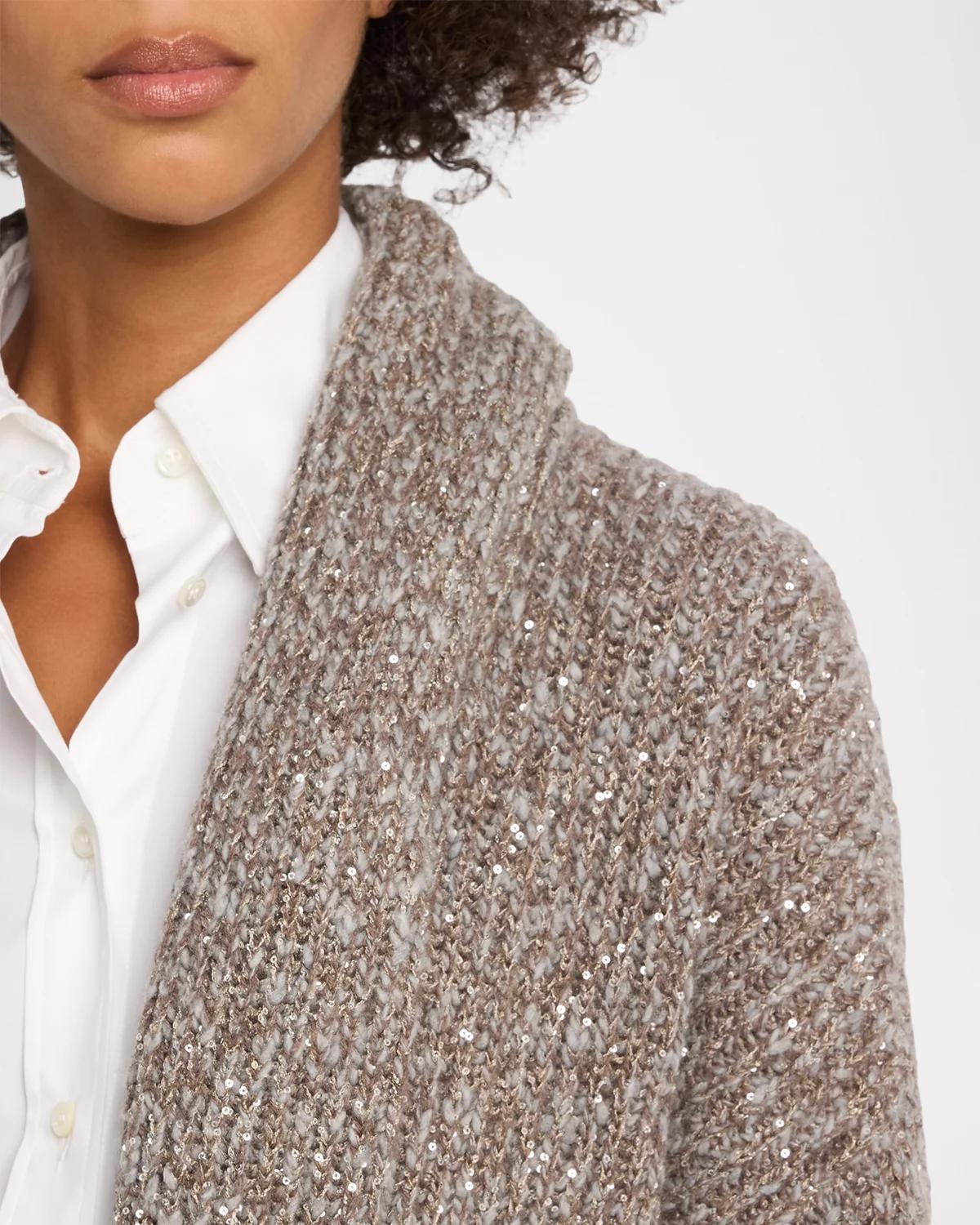 Micro Paillette Wool Knit Shawl-Collar Cardigan - thumbnail 5