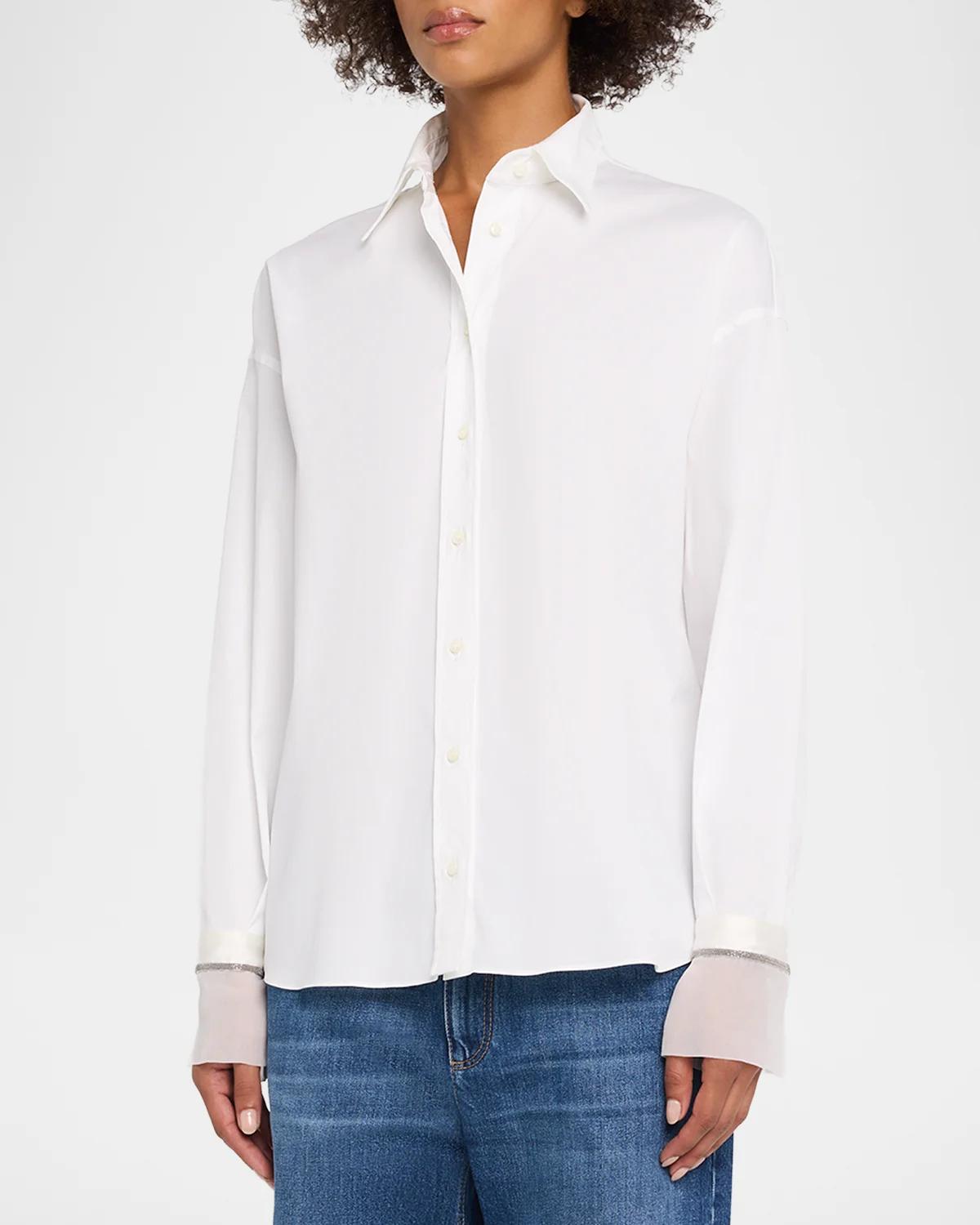 Monili Sheer-Cuff Cotton Button-Down Shirt - thumbnail 4