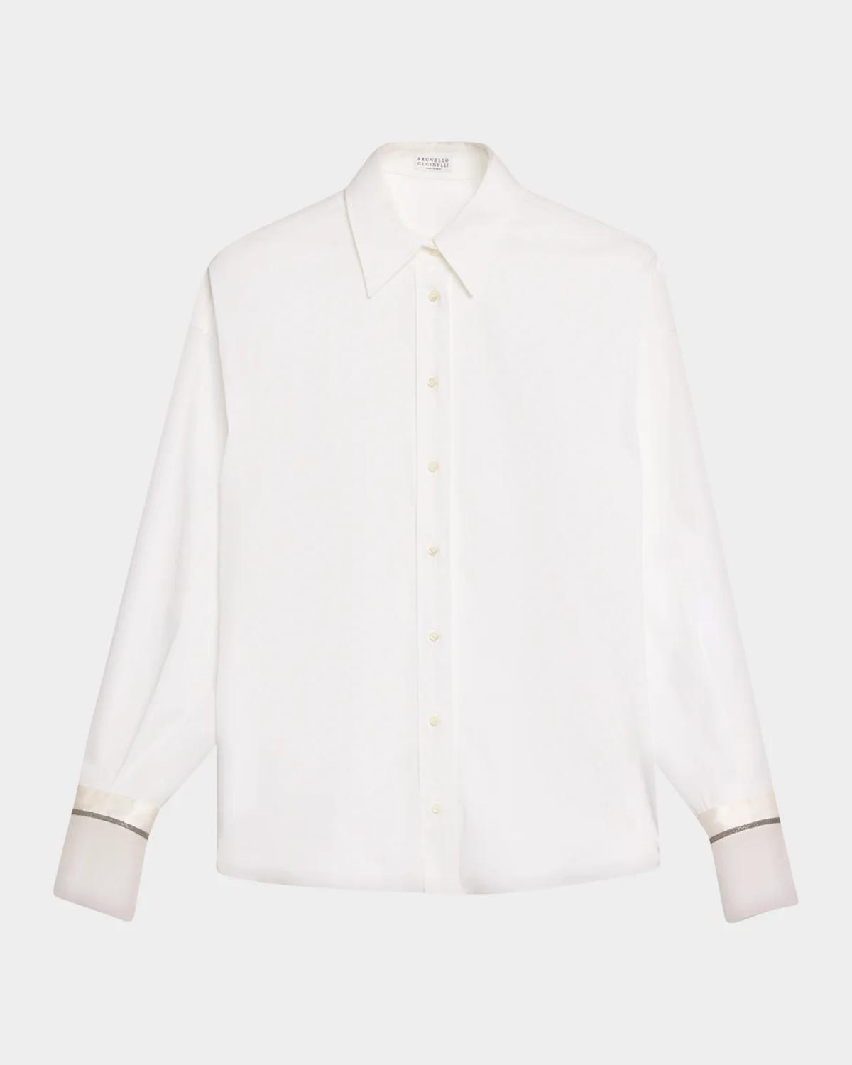 Monili Sheer-Cuff Cotton Button-Down Shirt