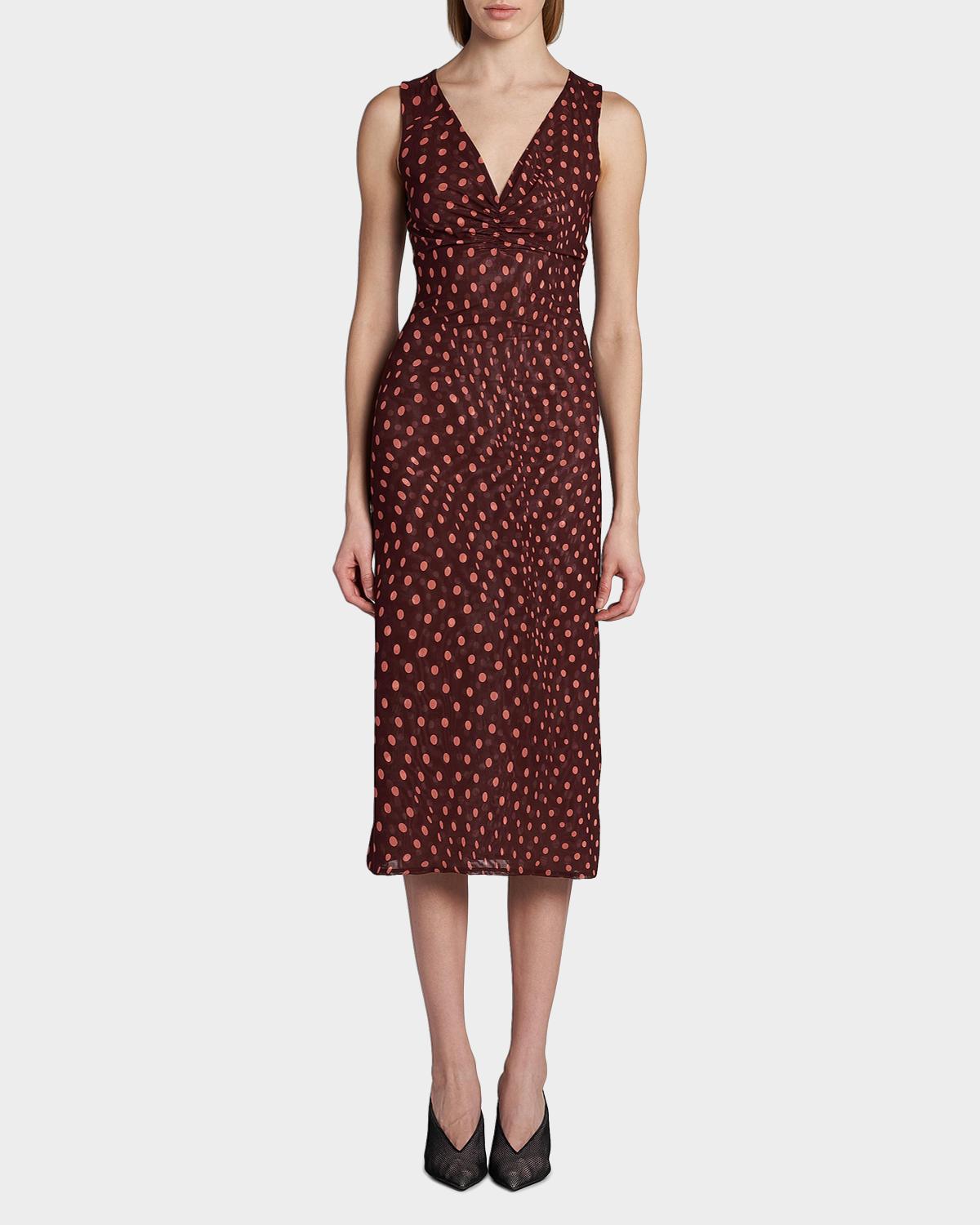 Polka Dot Mesh V-Neck Midi Dress - thumbnail 4