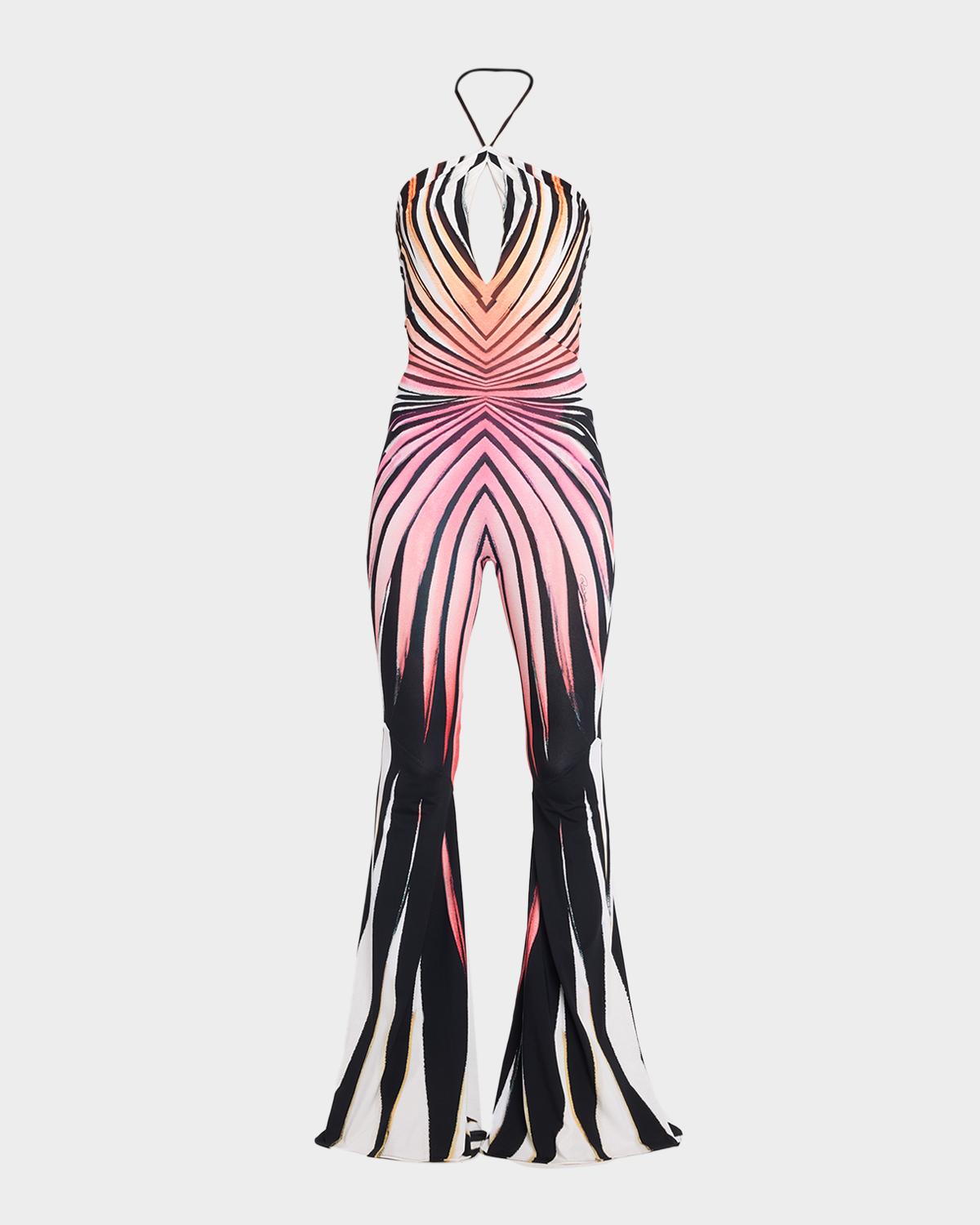 Striped Jersey Flare-Leg Halter Jumpsuit