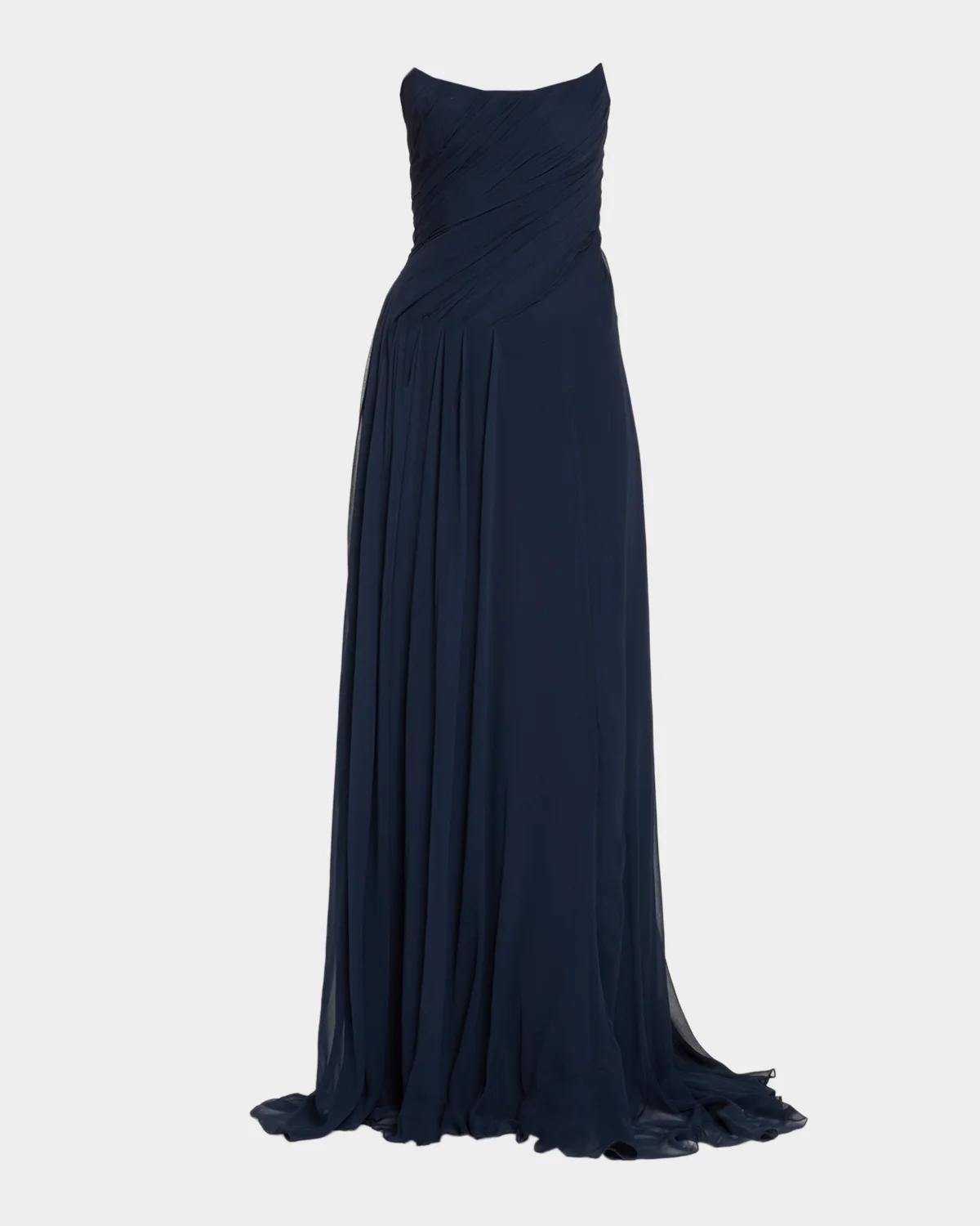 Strapless Draped Silk Chiffon A-Line Gown