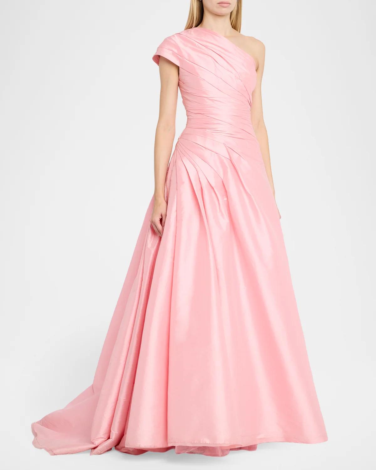One-Shoulder Draped Taffeta Ball Gown - thumbnail 4