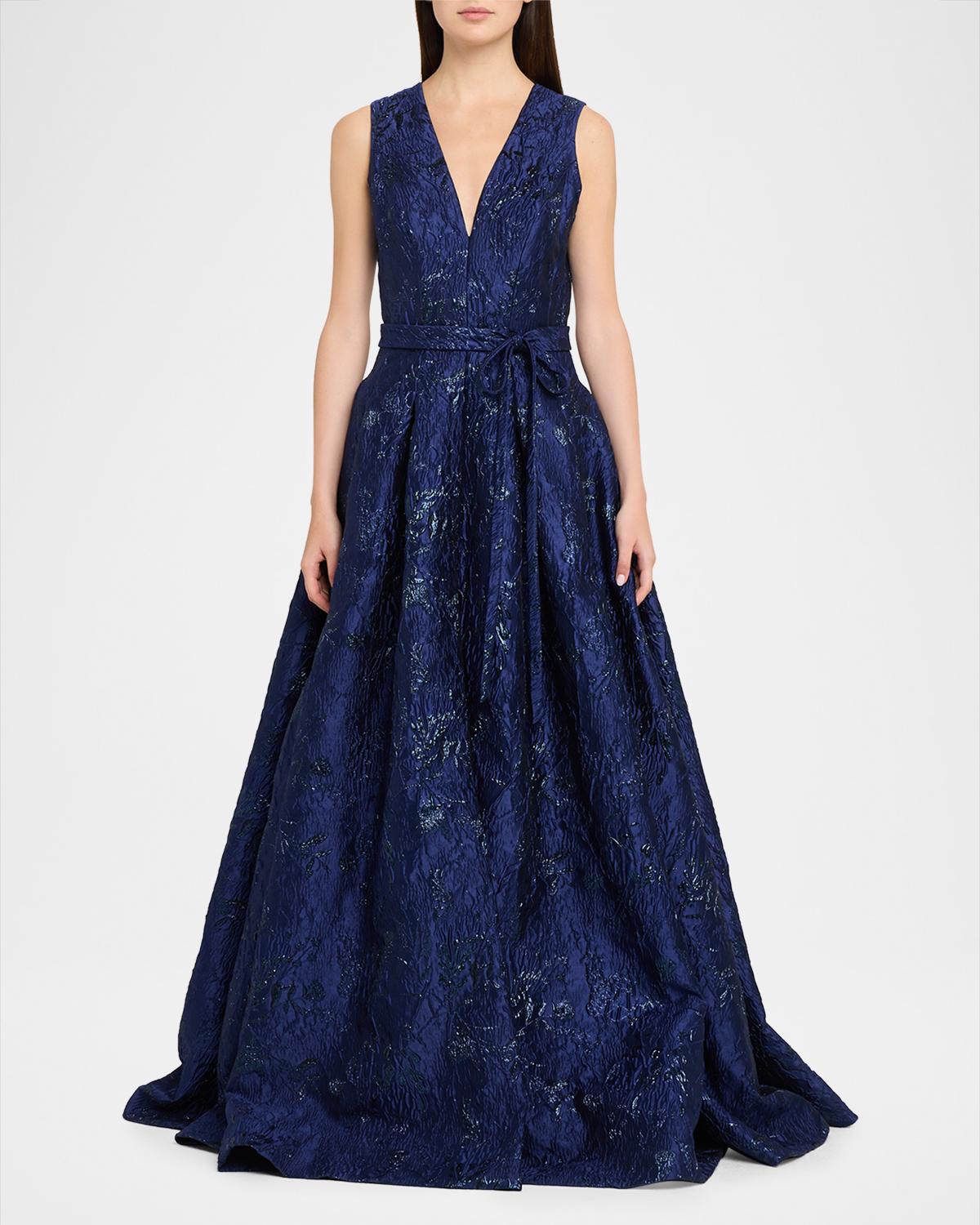 Deep V-Neck Textured Metallic Jacquard Ball Gown - thumbnail 2