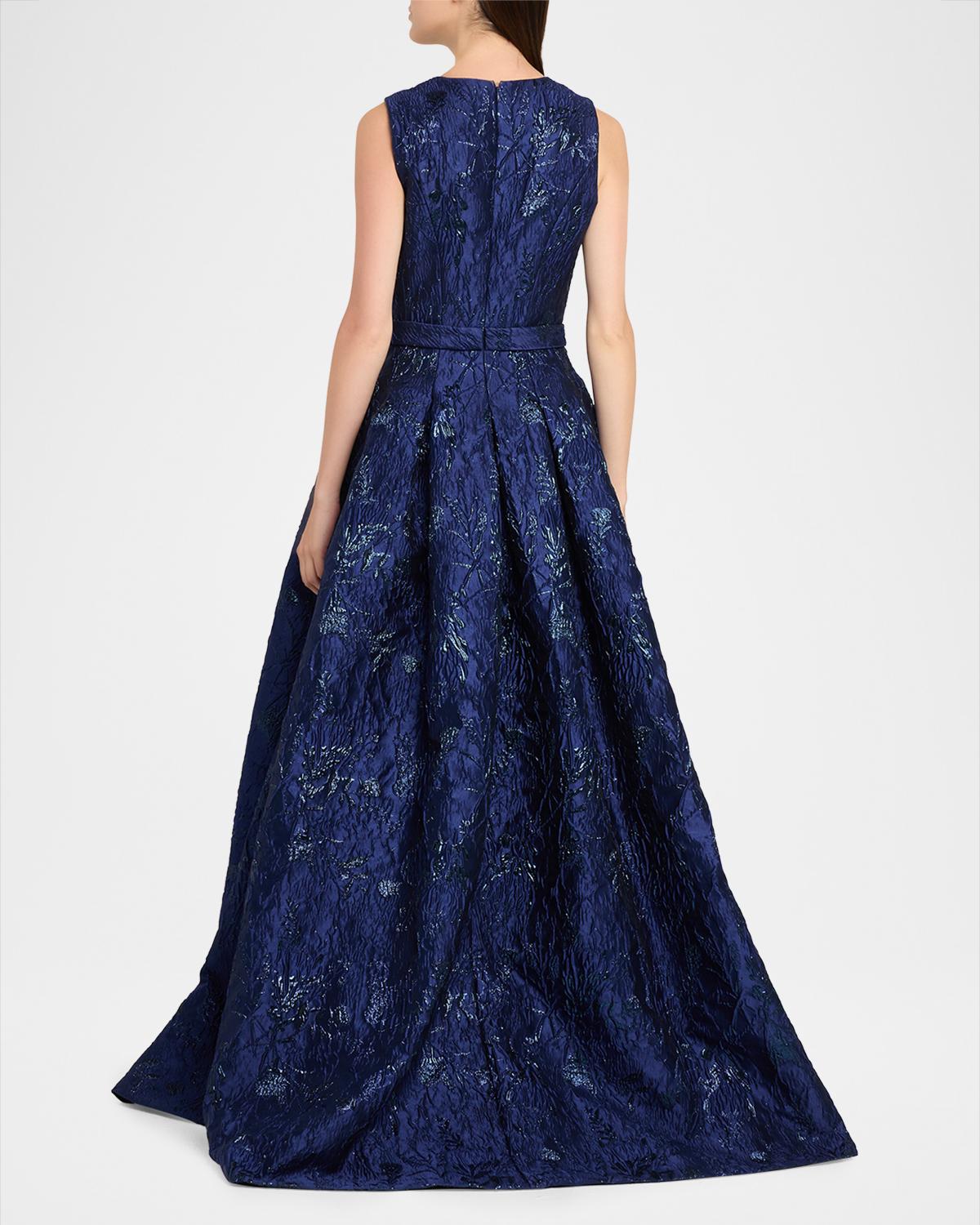 Deep V-Neck Textured Metallic Jacquard Ball Gown - thumbnail 3