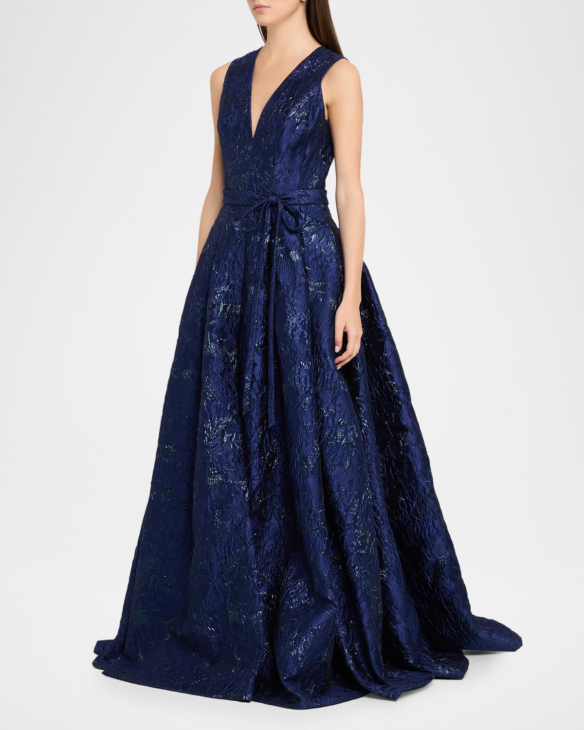 Deep V-Neck Textured Metallic Jacquard Ball Gown - thumbnail 4