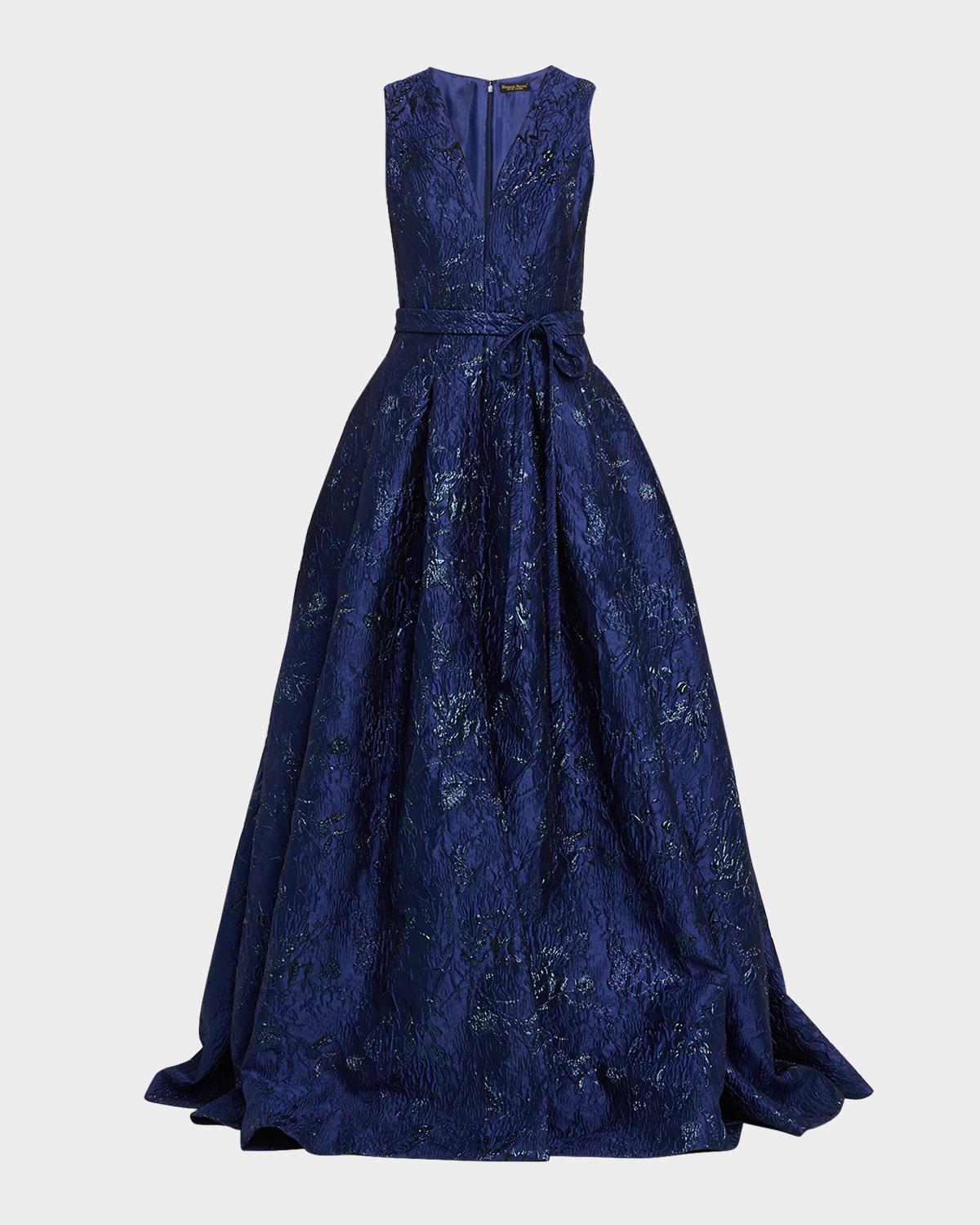 Deep V-Neck Textured Metallic Jacquard Ball Gown