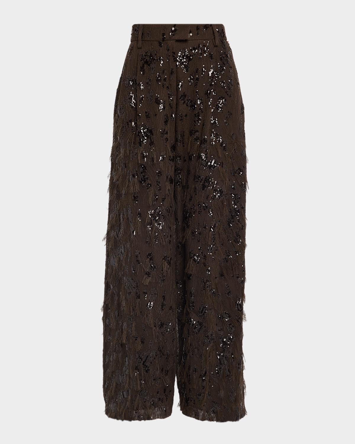 Animalier Sequined Fringe Silk Wide-Leg Trousers