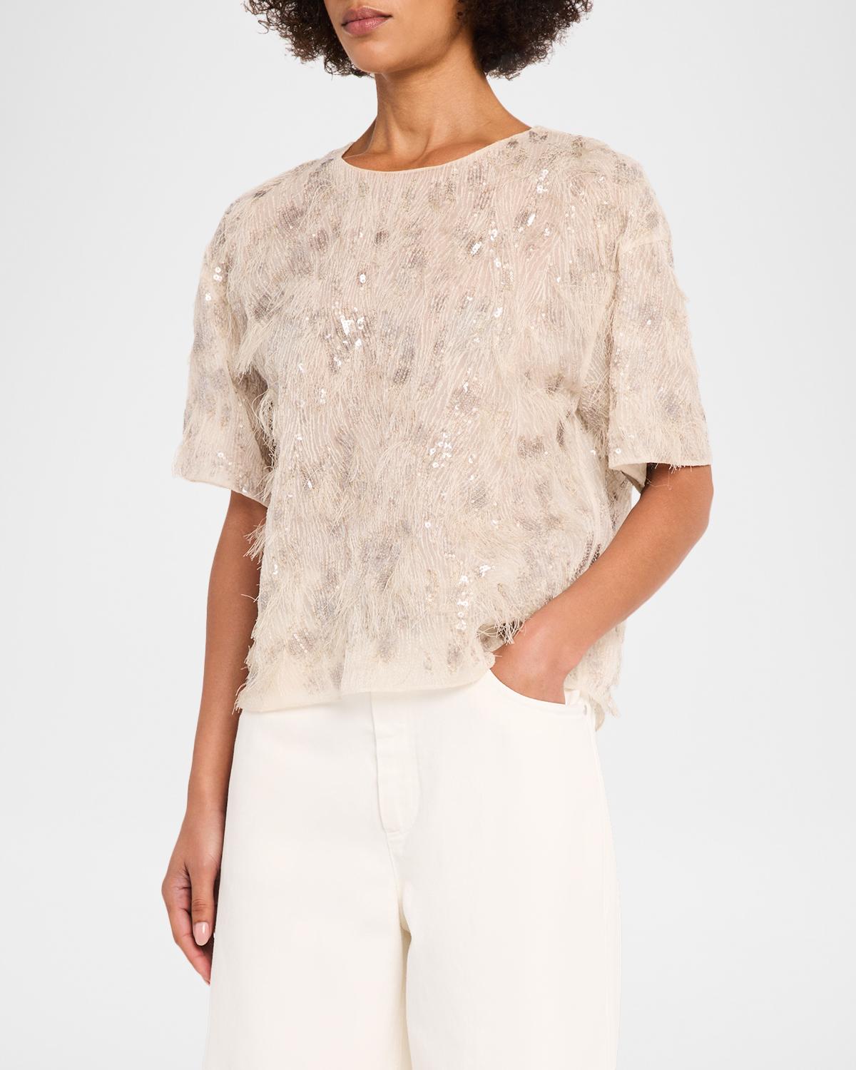Animalier Sequined Fringe Silk Short-Sleeve Top - thumbnail 4