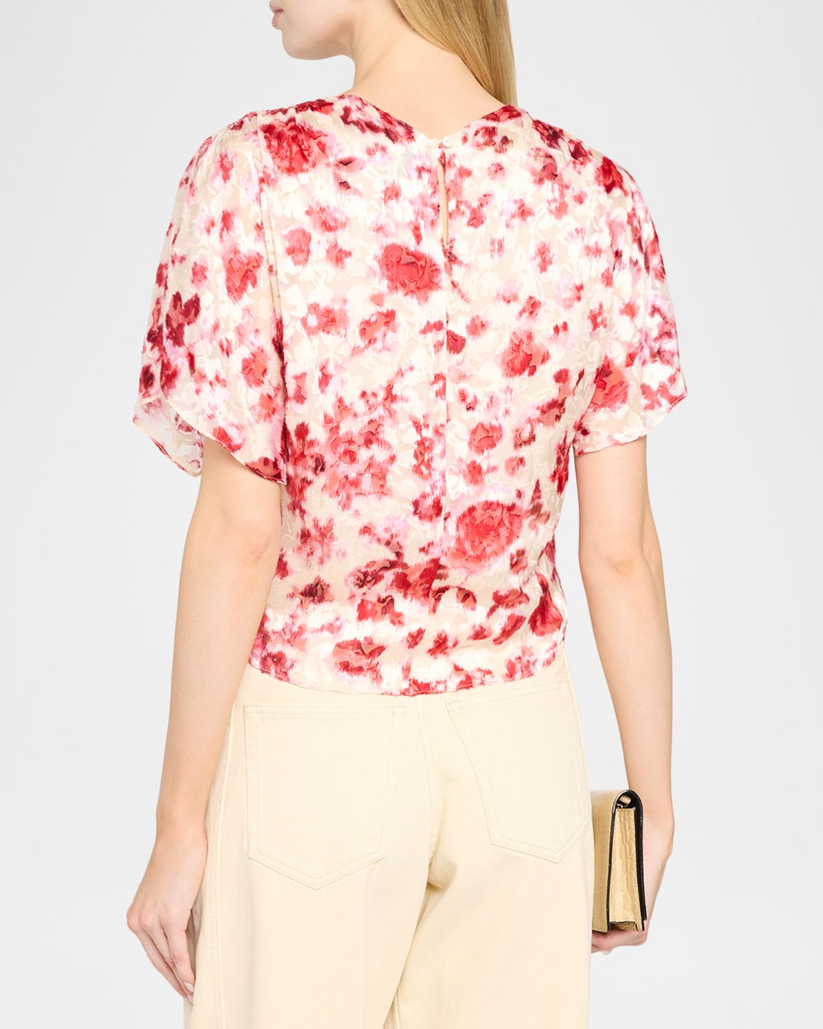 Hervane Floral Devoré Silk Georgette Flutter-Sleeve Top - thumbnail 3