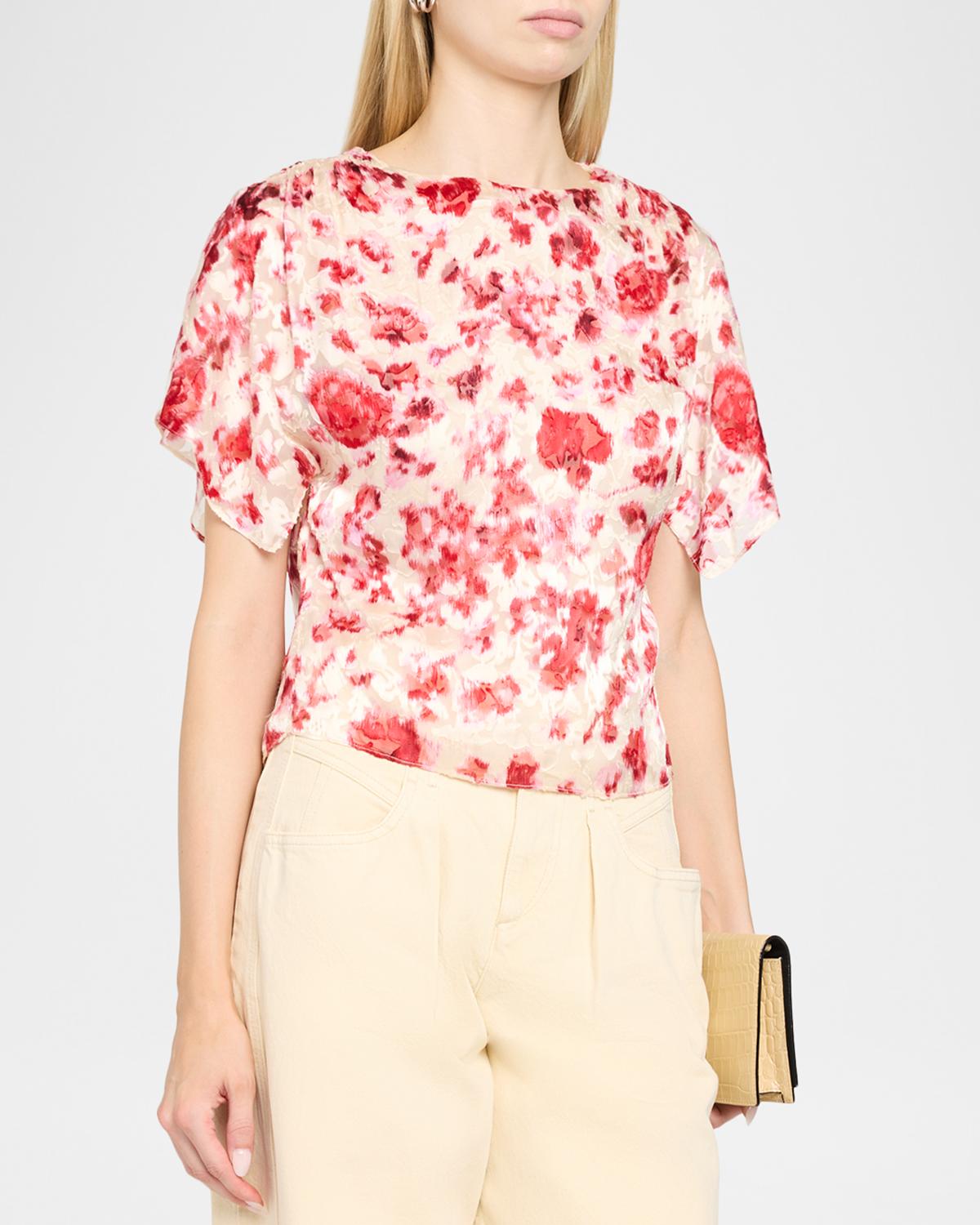 Hervane Floral Devoré Silk Georgette Flutter-Sleeve Top - thumbnail 4