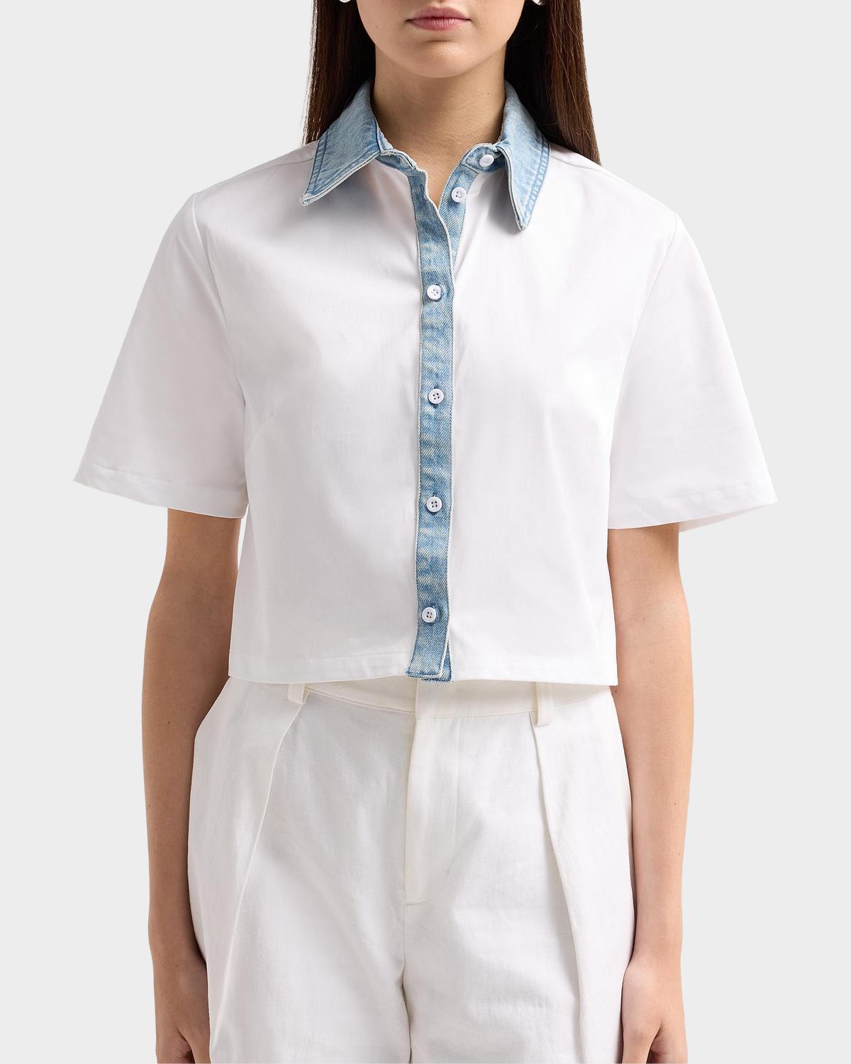 Kelsie Stretch-Cotton Denim-Trim Top - thumbnail 4