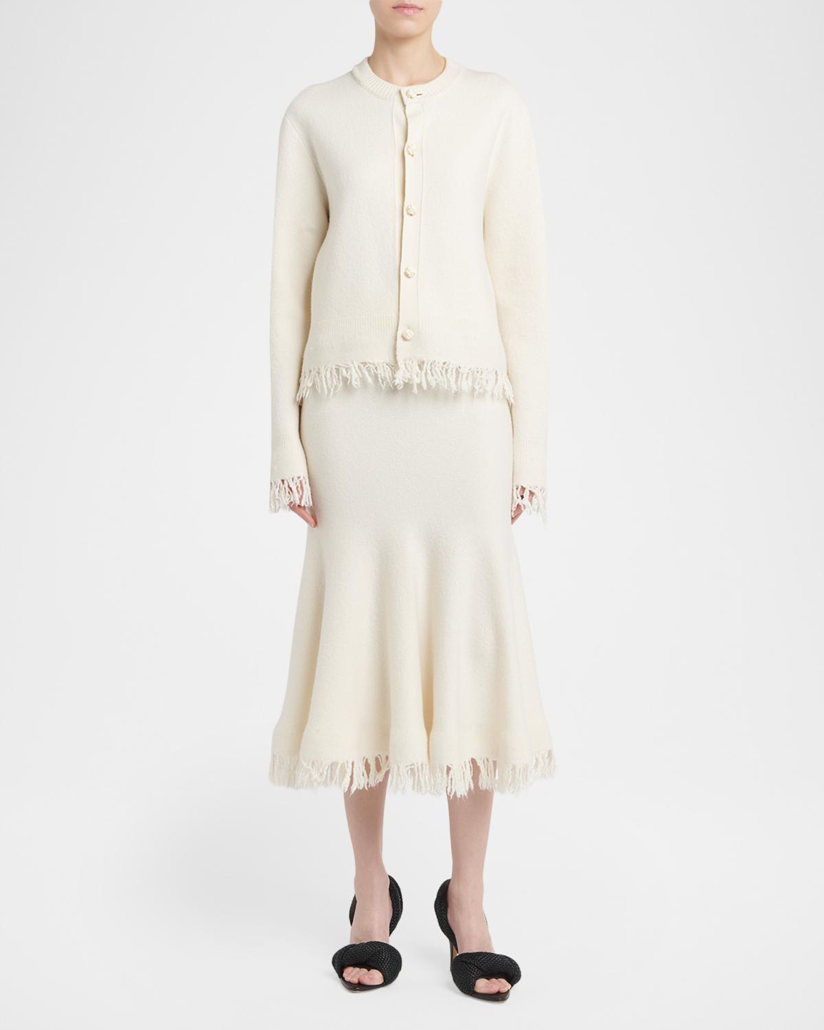 Intrecciato Button Fringed Wool Crewneck Cardigan - thumbnail 2