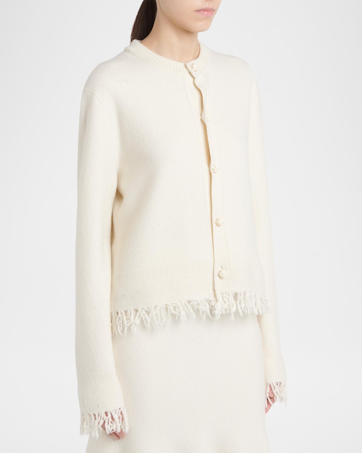 Intrecciato Button Fringed Wool Crewneck Cardigan - thumbnail 4