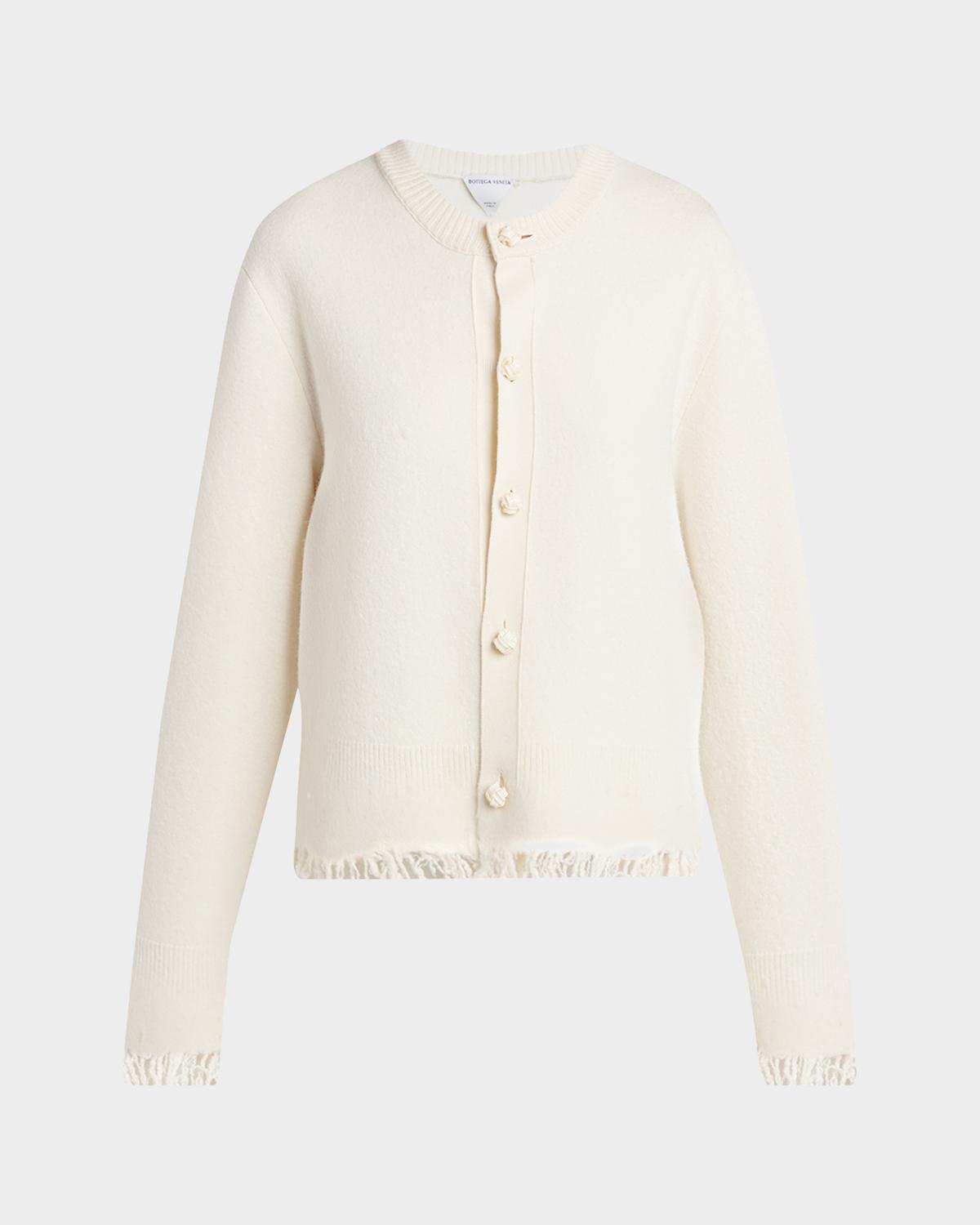 Intrecciato Button Fringed Wool Crewneck Cardigan