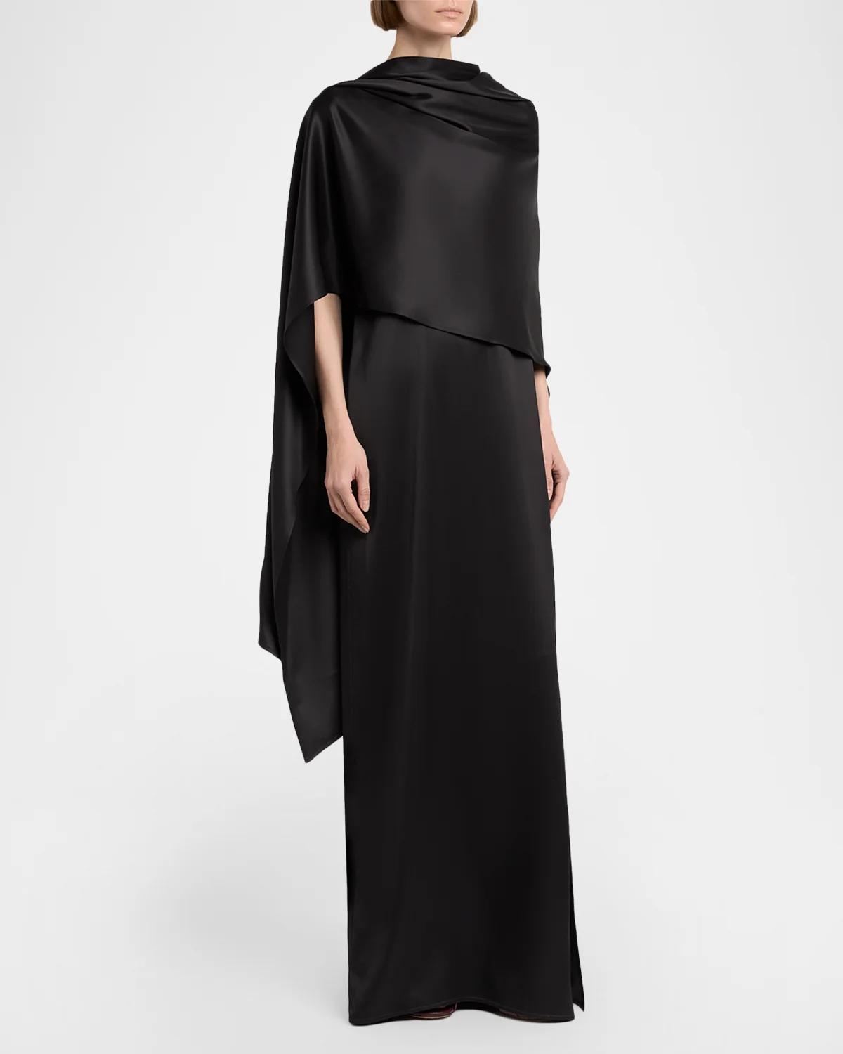 Asymmetric Silk Cape Column Dress - thumbnail 4