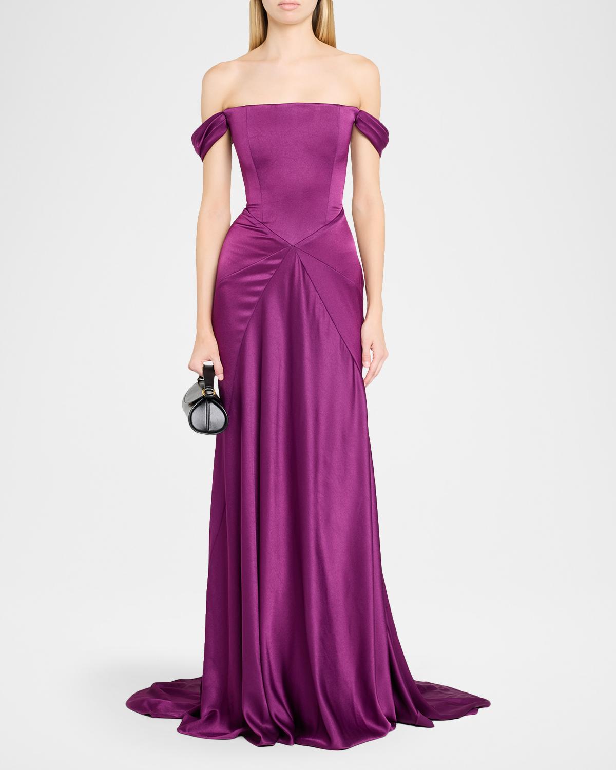 Off-The-Shoulder Paneled Satin Crepe Gown - thumbnail 2