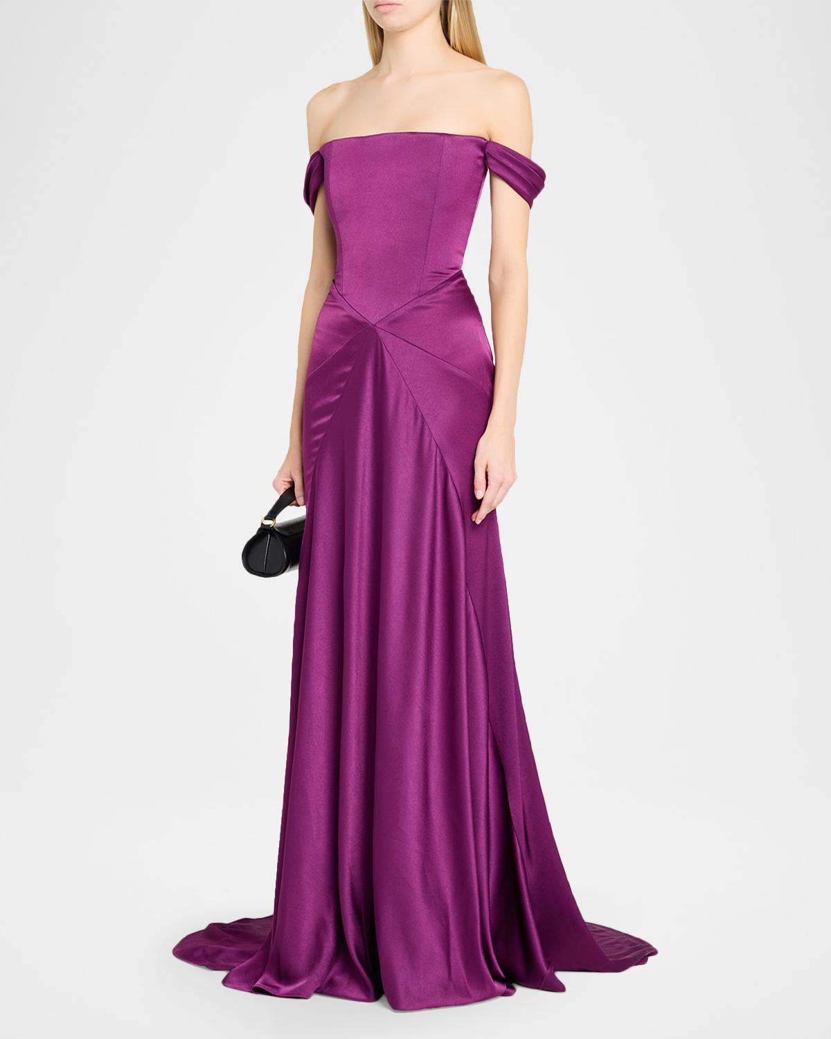 Off-The-Shoulder Paneled Satin Crepe Gown - thumbnail 4