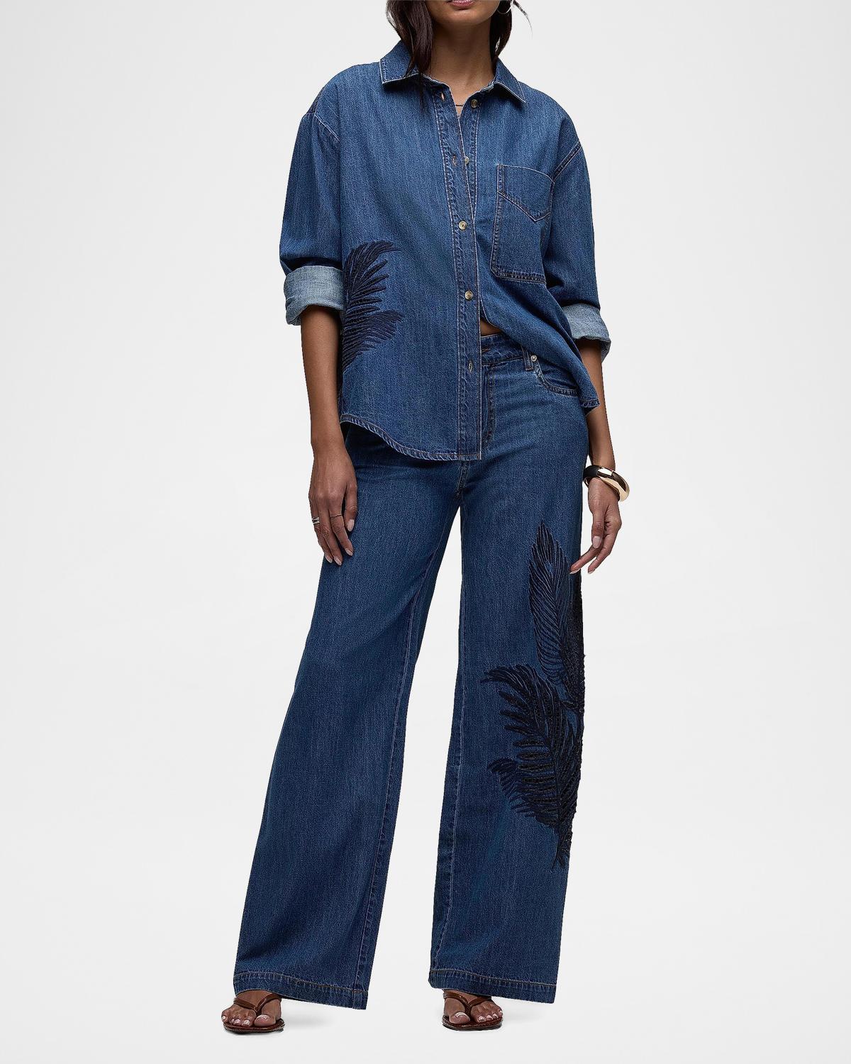 Embroidered Palm Oversized Button-Front Denim Shirt - thumbnail 2