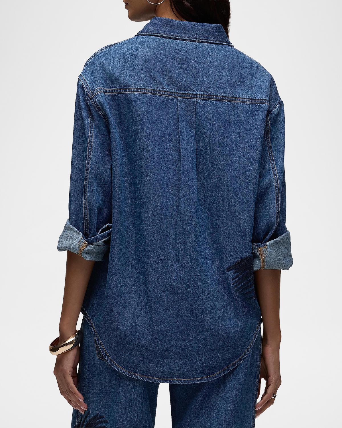 Embroidered Palm Oversized Button-Front Denim Shirt - thumbnail 3