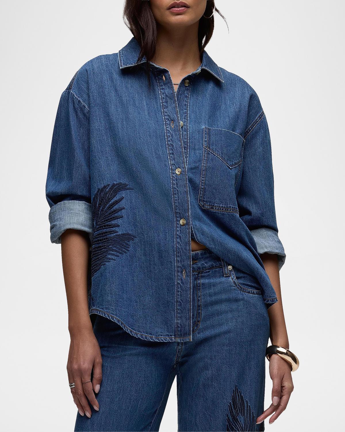 Embroidered Palm Oversized Button-Front Denim Shirt - thumbnail 4
