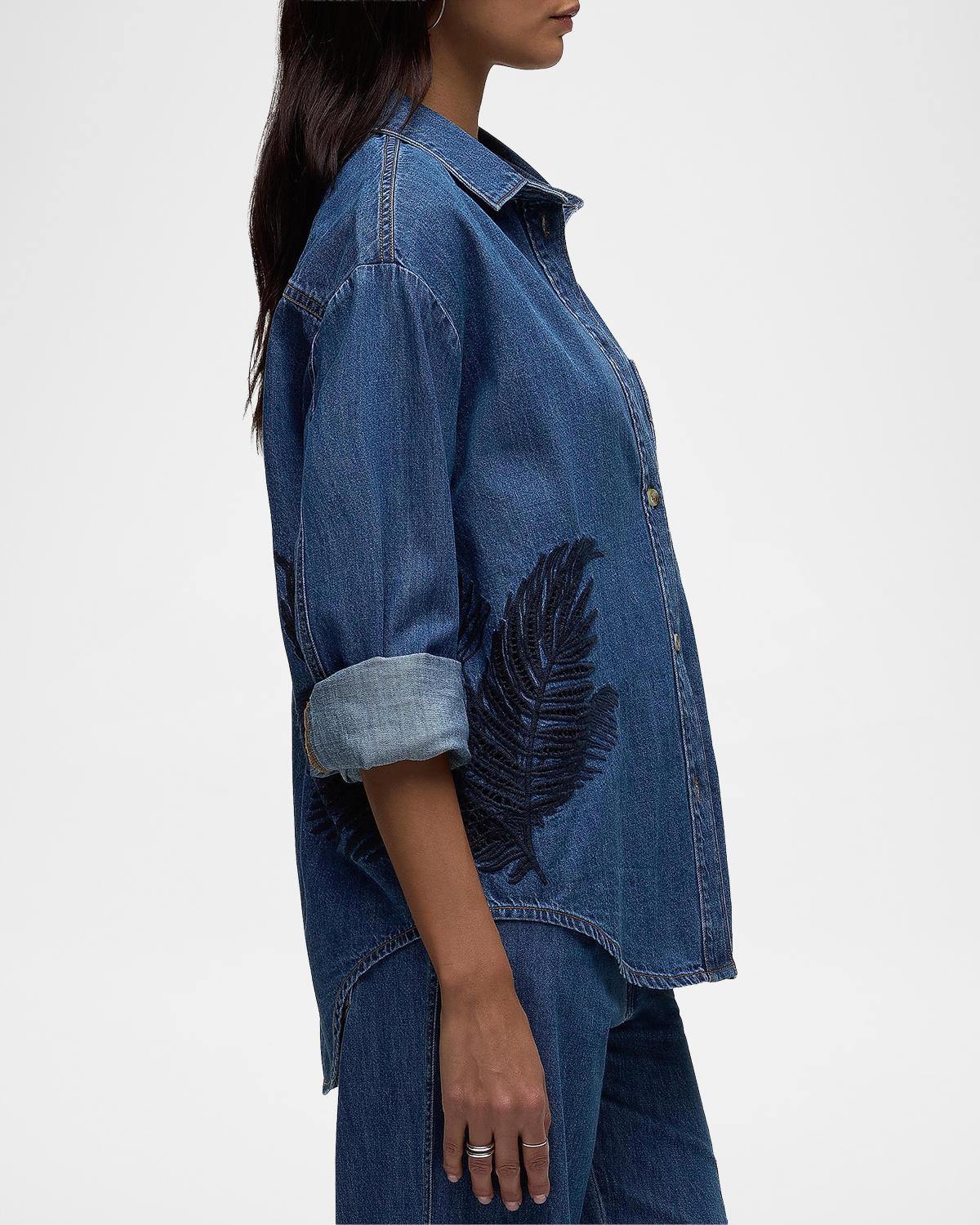 Embroidered Palm Oversized Button-Front Denim Shirt - thumbnail 5