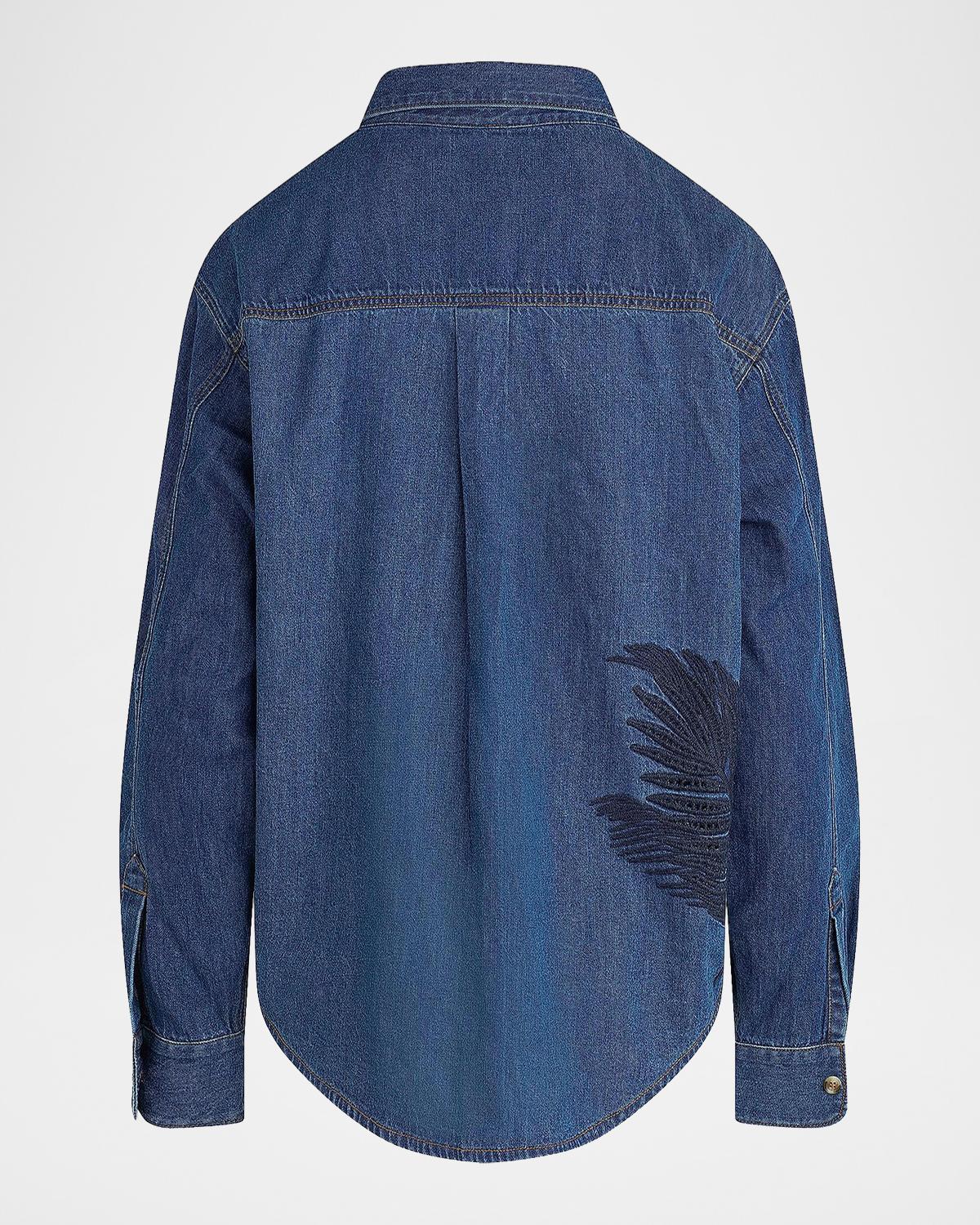 Embroidered Palm Oversized Button-Front Denim Shirt - thumbnail 7