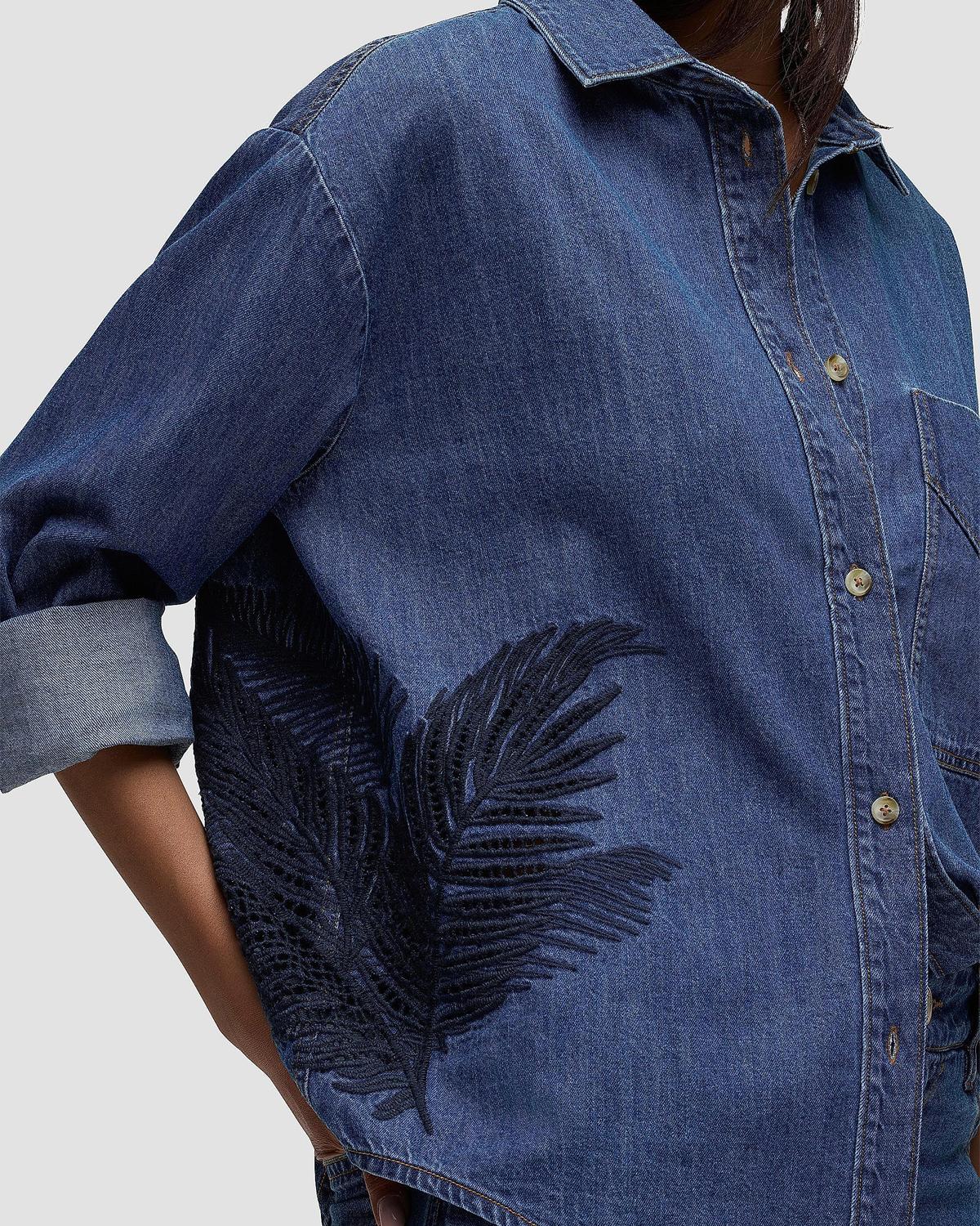 Embroidered Palm Oversized Button-Front Denim Shirt - thumbnail 6