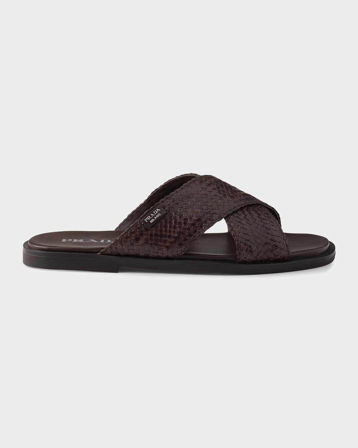 Prada Men's Woven Leather Cross-Strap Slides | Neiman Marcus